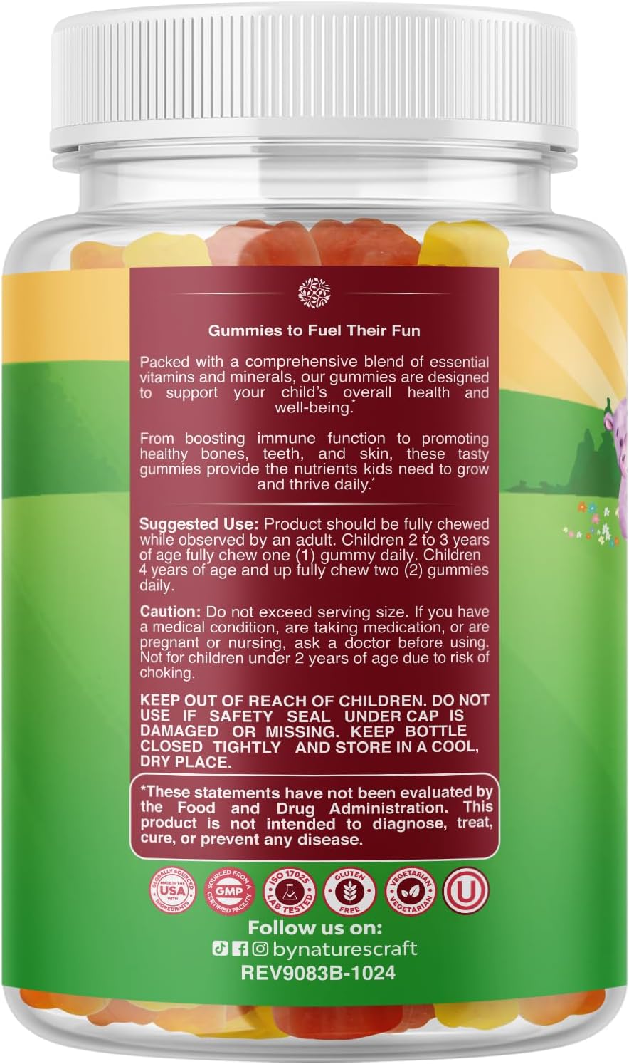 Natures Craft Plant Based Kids Multivitamin Gummies - Multivitamin for Kids Immunity Support Gummies with Vitamins A C D3 E B and Zinc Gelatin and Gluten Free Non-GMO Vitamins Gummy Formula 180ct