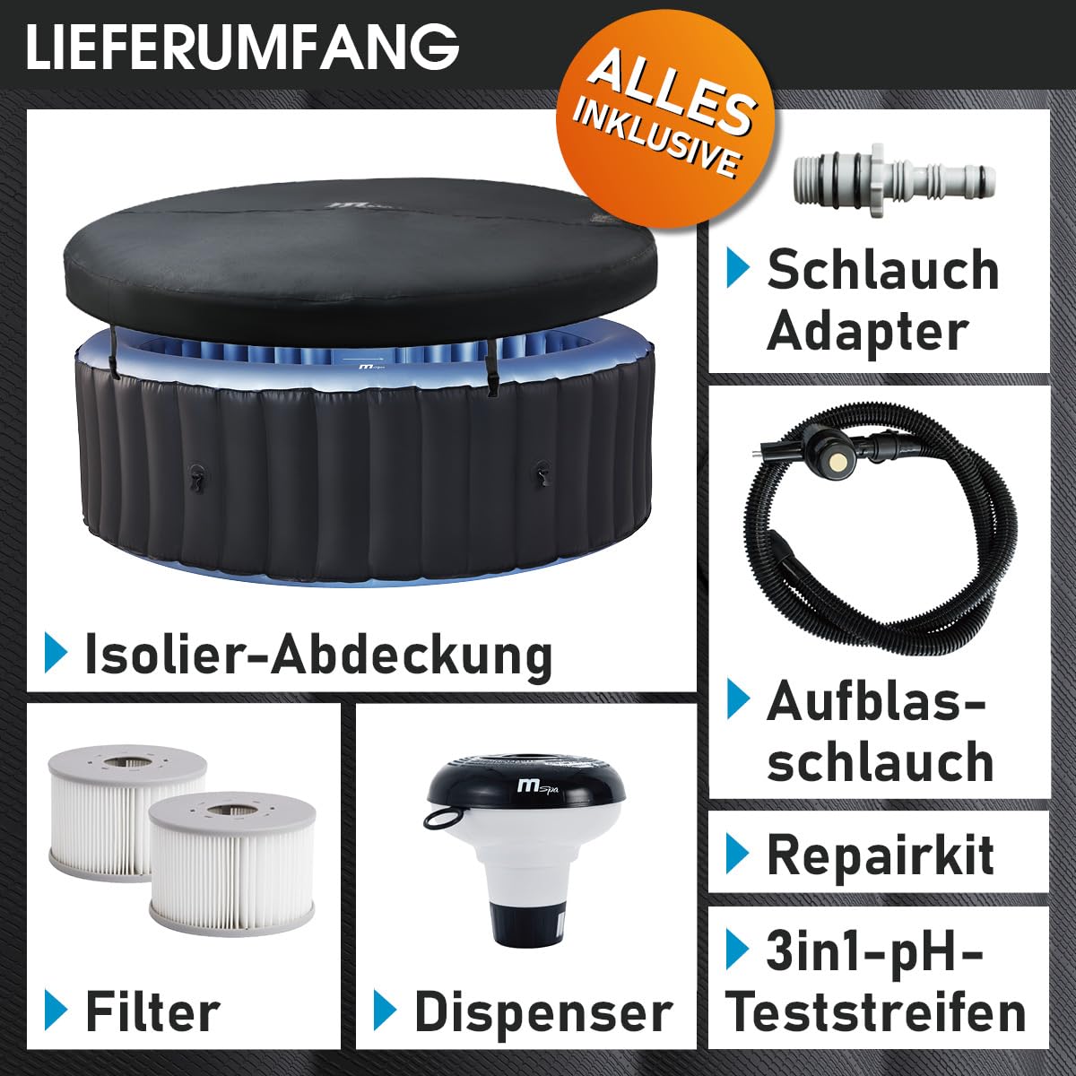 BRAST Whirlpool aufblasbar MSpa Bergen für 4-8 Personen | viele Größen Ø180-224cm | In- Outdoor Pool | Ganzjähriger Einsatz | bis zu 144 Massagedüsen | Stromsparend inkl. Energiespar-Timer | Bergen 4