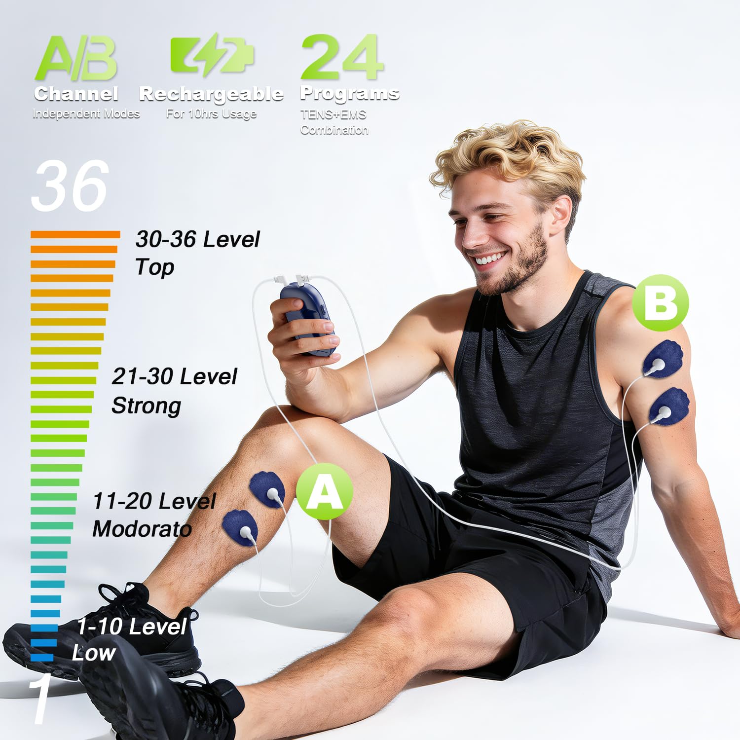 CESLIFF Dual Channel TENS EMS Unit Large Screen 24 Modes 36 Levels Intensity Muscle Stimulator, Rechargeable Electric Pulse Massager TENS Machine for Lower Back Neck Shoulder Pain Relief with 10 Pads — Amazon image 3