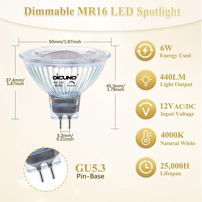 DiCUNO GU5.3 LED Izzó 6W - Dimmelhető MR16 Spotlámpa, 4000K Természetes Fehér, 440lm, 12V, 60W Halogén Helyettesítő, 40° Szórási Szög, 10 Da