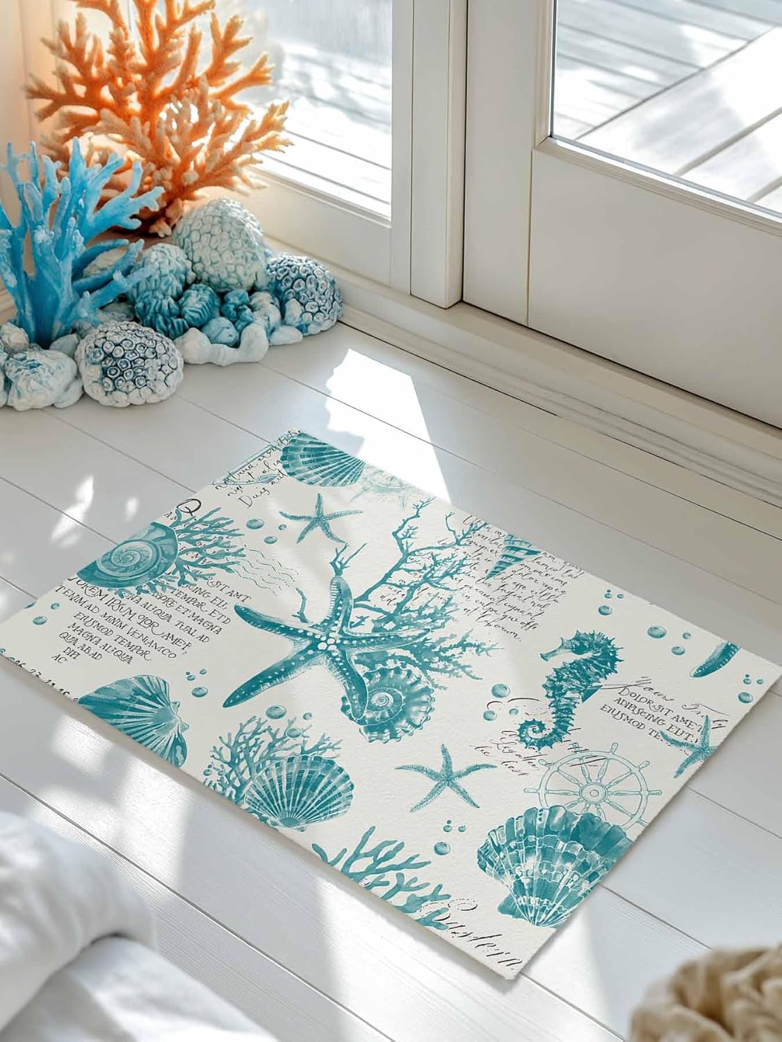 Welcome Doormat Abstract Turquoise Starfish Coral Non-Slip Front Door Mat Absorbent Bath Mats Summer Seaside Animal Kitchen Rug