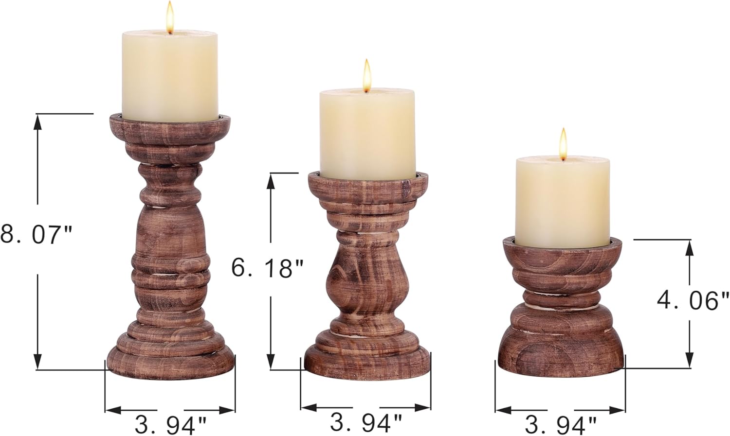 Rustic Wooden Pillar Candle Holders Set of 3 in Vintage Natural, Florence Style, Farmhouse Wooden Candle Holder, Wooden Candle Stand, Small Wooden Candlestick Holders, Living Room, Table Centerpiece