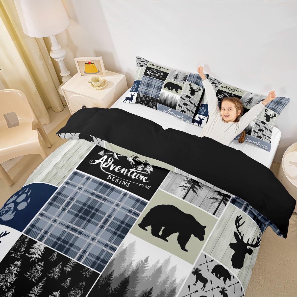 Rustic Deer Bear Bedding Set, Country Farmhouse Comforter Cover Cabin Lodge Decor, Adventure Camping Grid Claw Duvet Cover Woodland Wild Animal Vintage Bedspread Cover For Kids Teens Adult, Twin