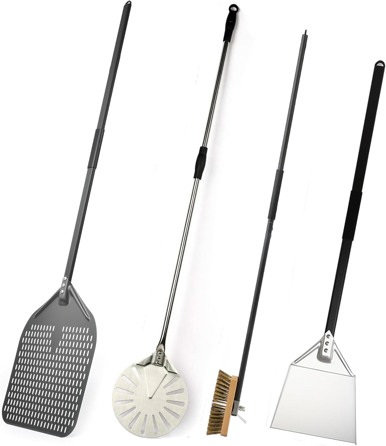 Pizza 4 Pieces Accessories Set, 14 inch Perforated Pizza Peel, 9 Inch Stainless Steel Pizza Turning Peel, 43 inch Copper Oven Brush for Cleaning, 41 Inch Ash Shovel, Commerical Pizza Tools.