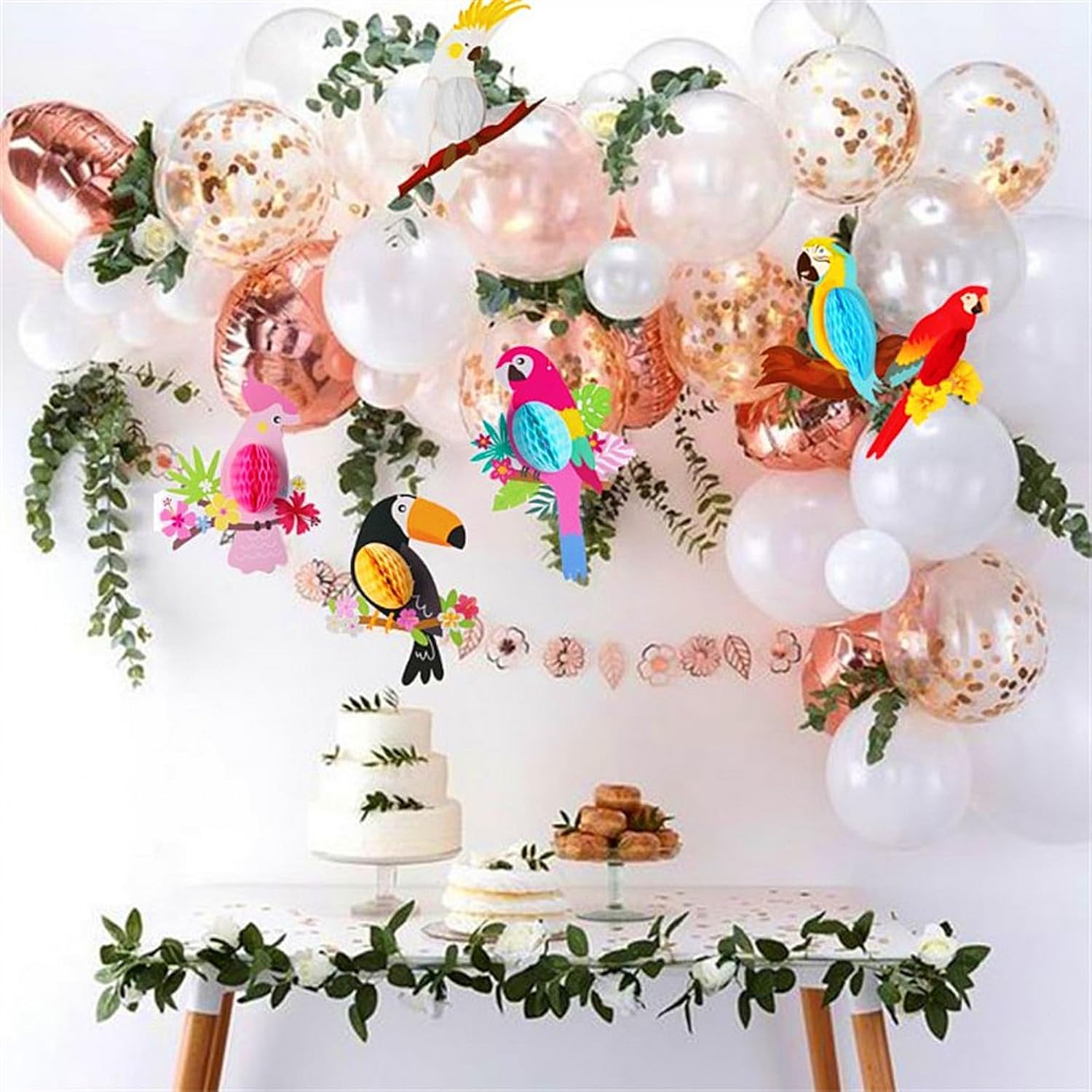 JZK 6x Tropical bird honeycomb paper cutouts, parrot honeycomb paper cuttings silhouettes, party hanging decorations for hawaiian luau tiki rainforest theme party supplies