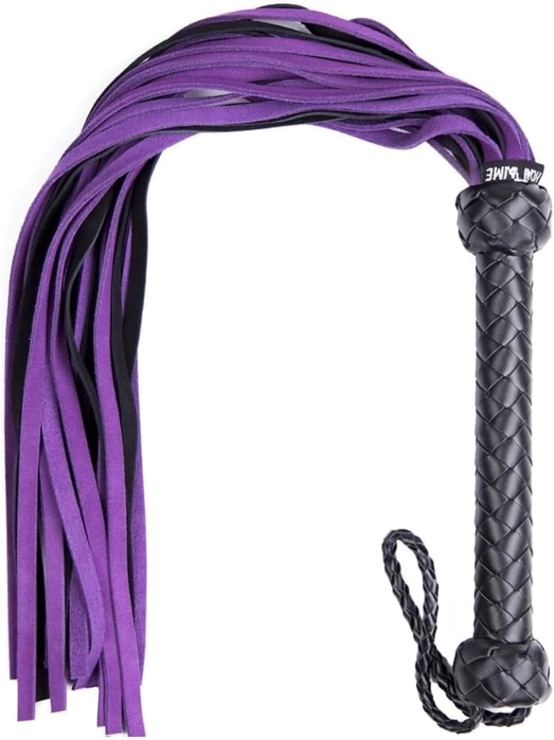 Purple-Black Suede Whip with Tassels, Woven Leather Handle, Wrist Strap, Adult Sex Toy.