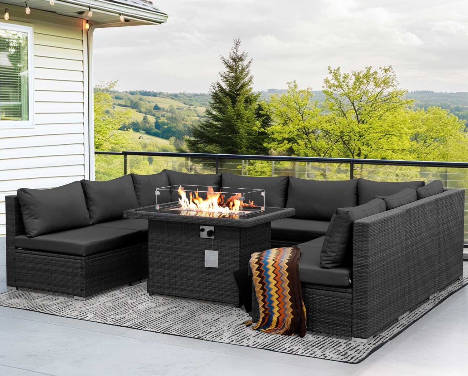 NICESOUL 9 Piece Outdoor Wicker Patio Furniture Sectional Set with Fire Pit, 29.3" High-Back Deep Seated Backyard Set Conversation, Large Size Modular 8-Seater Outdoor Sectional Couch, Dark Grey
