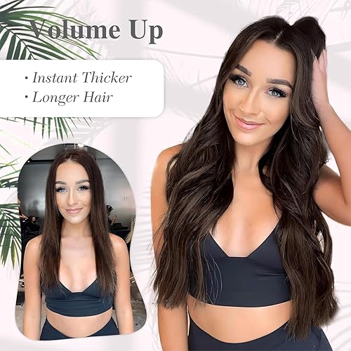 Miniatura 6 de MORICA Extensiones de Cabello con Alambre Invisible - 20 Pulgadas Marrón Oscuro Largo Ondulado Postizo Sintético con Alambre Transparente Tamaño