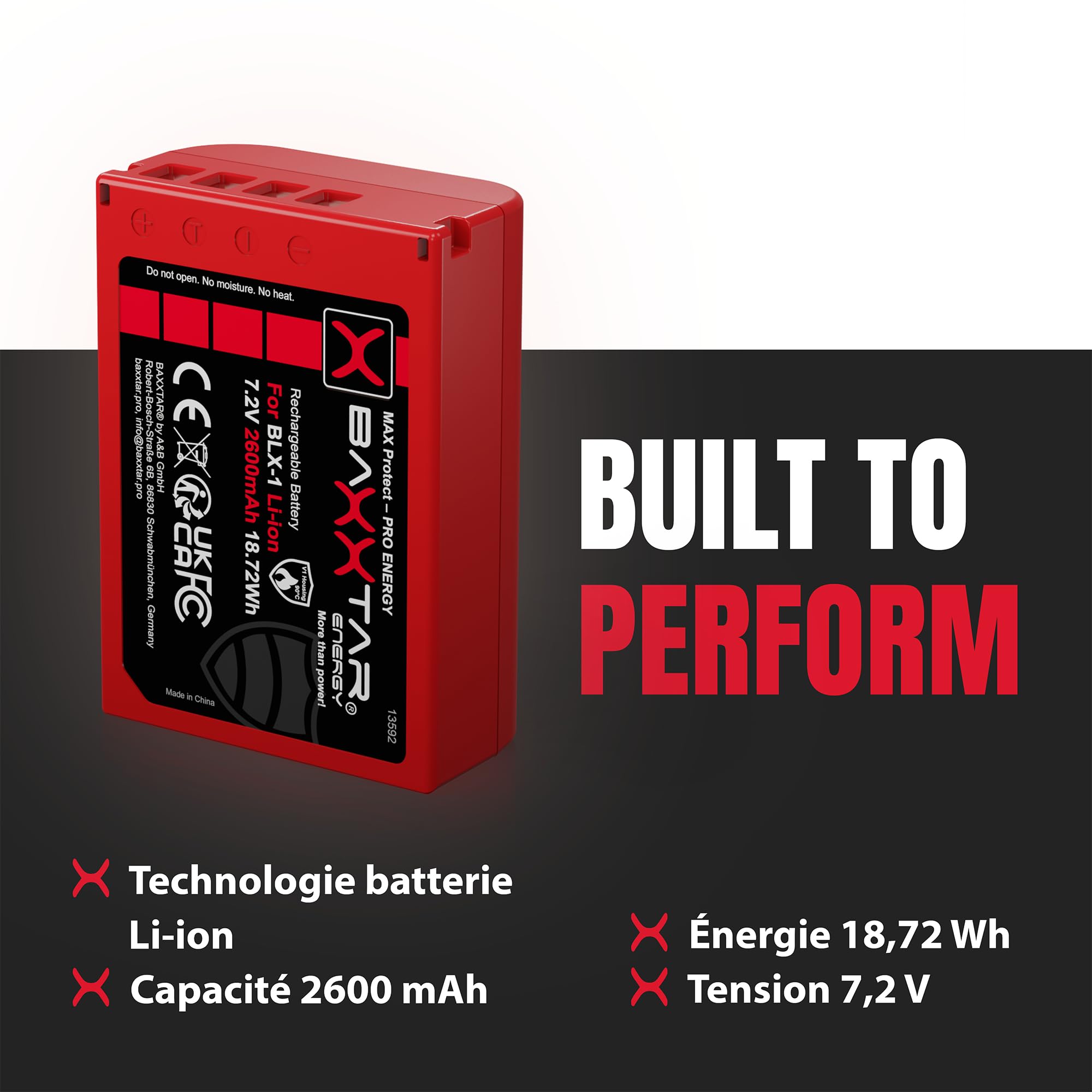 Baxxtar MaxProtect Batterie pour Olympus BLX-1 BLX1 OM1 OM3, 2600mAh 7.2V