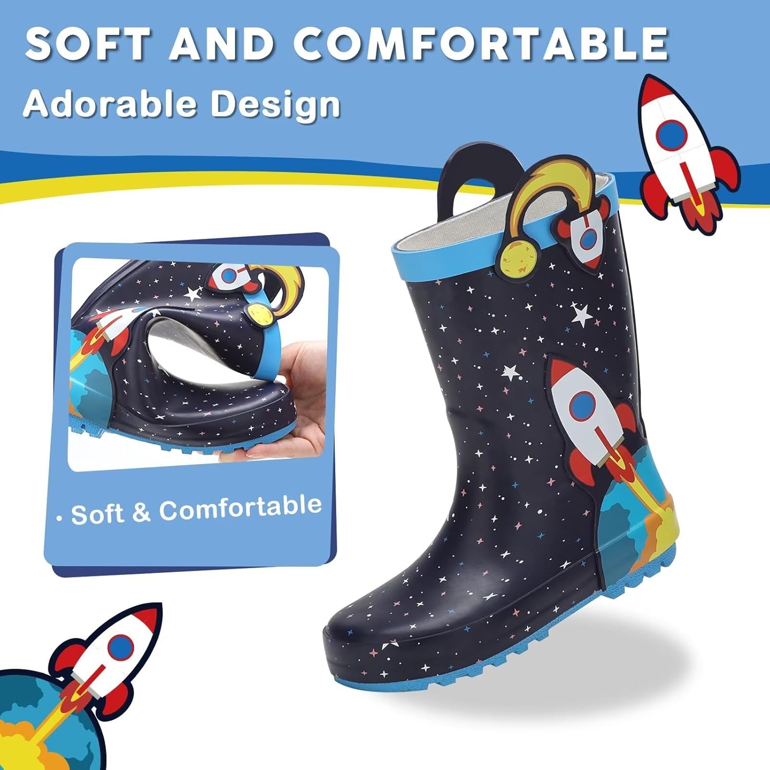 Toddler Rain Boots Kids Waterproof Rubber Boots for Boys and Girls with Handles in Fun Pattern - Image 7