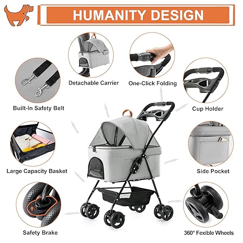 Miniatura 2 de Cochecito para mascotas 3 en 1 para perros pequeños y gatos, cochecito plegable y ligero para perros con transportador desmontable, portátil, para