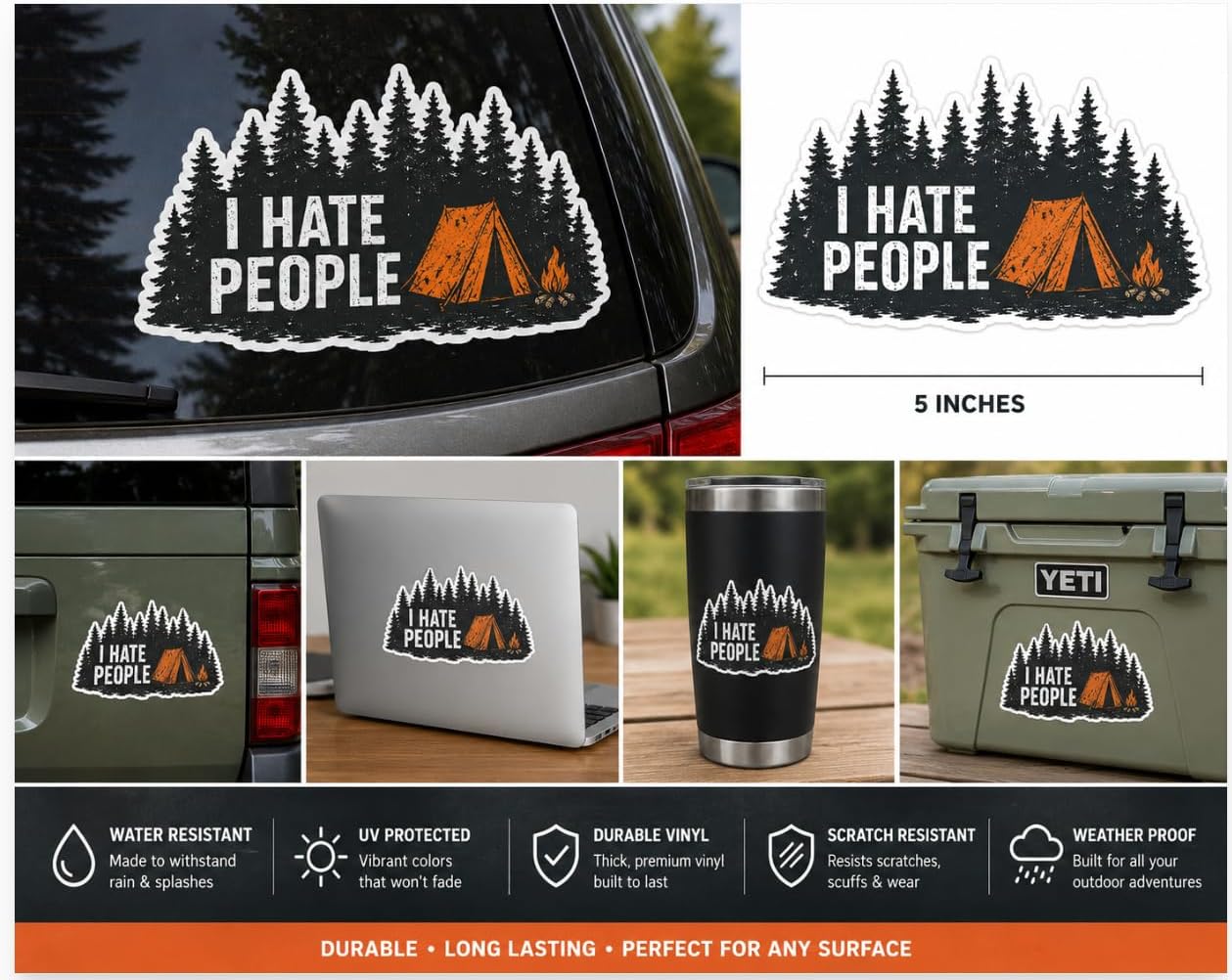 Love Camping Hate People Funny Vinyl Sticker - Outdoor Humor Design - for Car, Laptop, Window,Water Bottle, Wall Decor, or Smooth Indoor and Outdoor Surfaces - Size: 5" image 3