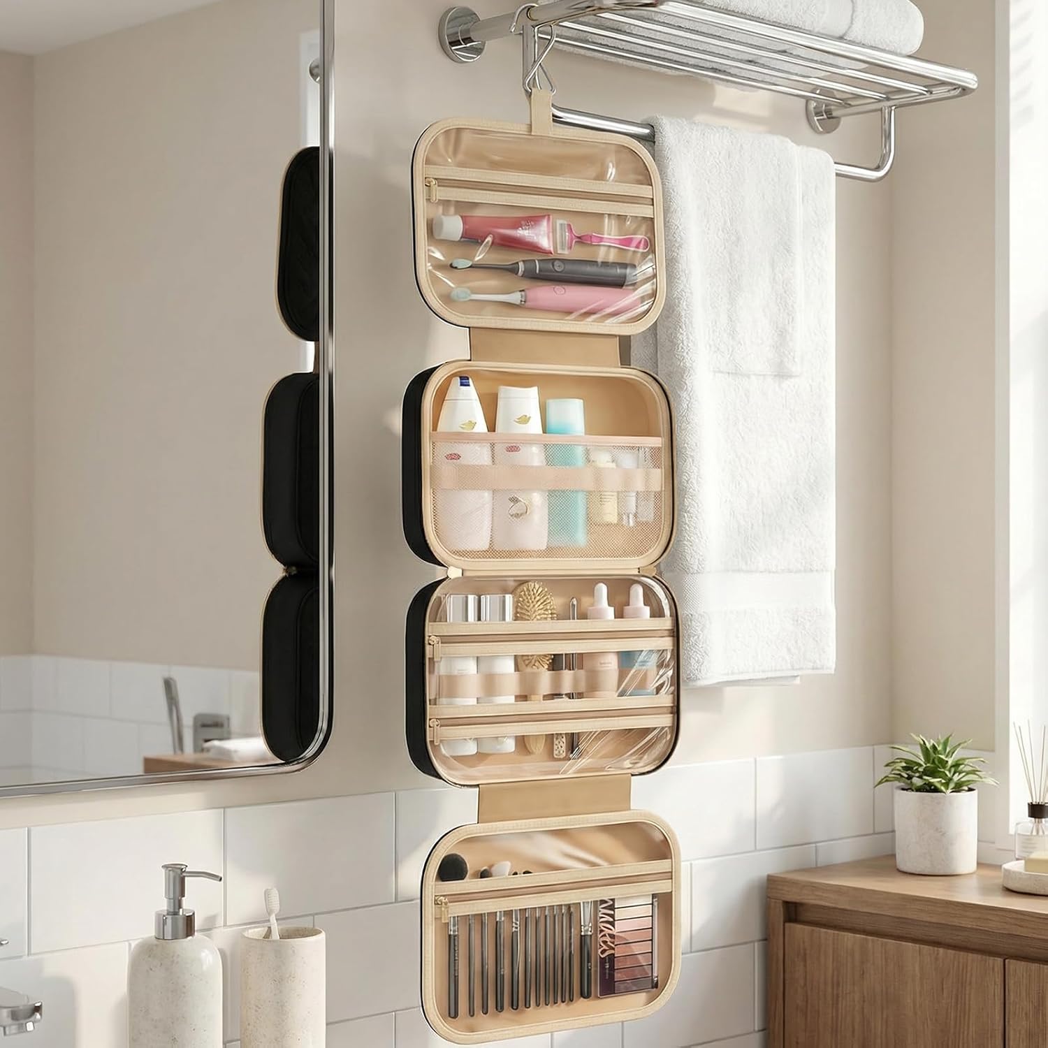 Hanging Toiletry Bag - Large Capacity Travel Makeup Bag Waterproof Travel Essentials Organizer for Bathroom Gym Camping (Black)