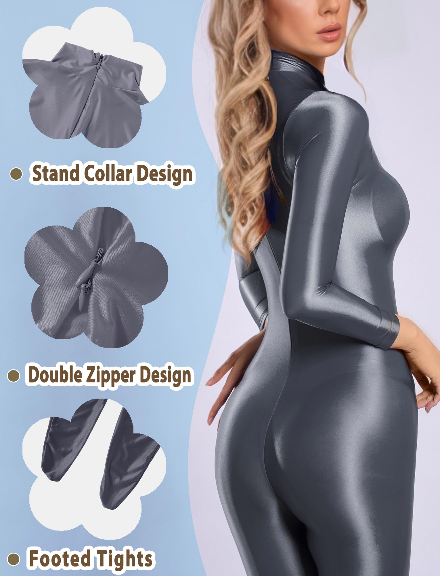 Damen-Bodysuit, ölglänzend, durchsichtig, transparent, langärmelig, Catsuit, Reißverschluss, Jumpsuits