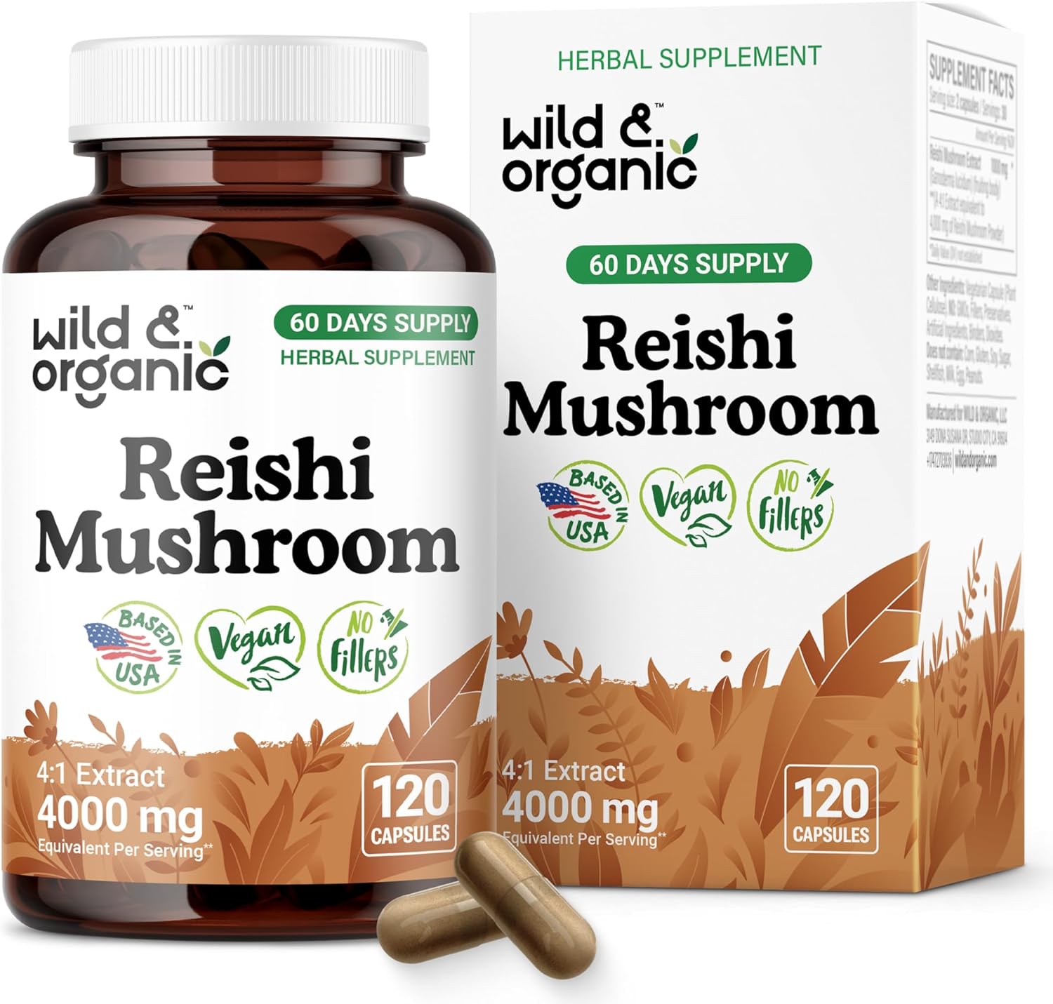 Wild & Organic Reishi Mushroom Capsules 1000 mg - Immune & Energy Support - Red Reishi Mushroom Powder Supplement - Ganoderma Lucidum Extract - 120 Vegan Capsules - 60 Days Supply, Non-GMO Gluten-Free
