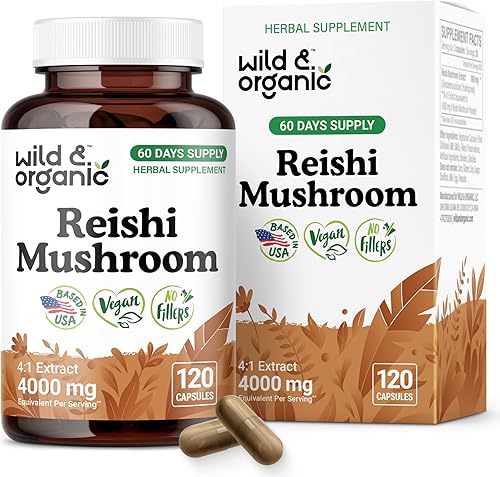 Miniatura 10 de Wild & Organic Cápsulas de hongos Reishi de 1000 mg - Apoyo inmunológico y energético - Extracto de hongo Reishi rojo - Suplemento de Ganoderma
