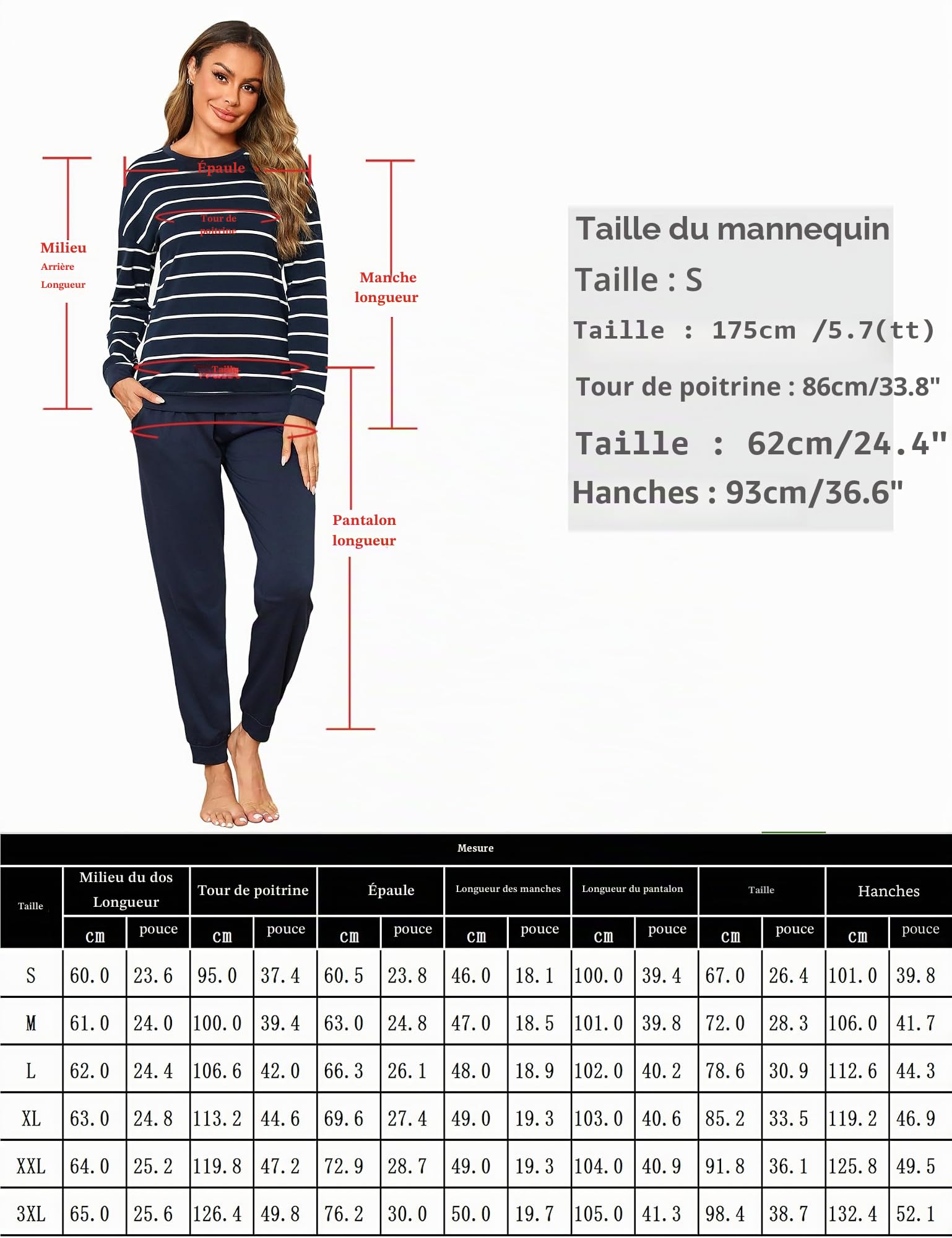 Bresdk Ensembles de Pyjama Femme Coton Pyjama Hiver Vêtements de Nuit à Manches Longues Costume de Maison rayée à Col Rond Chaud et Doux