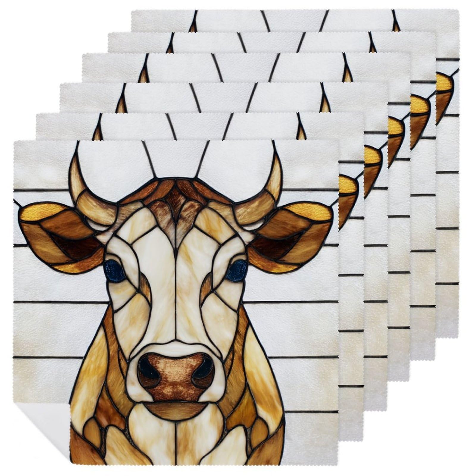 Simple Stained Glass Cattle Cloth Napkins Set of 6, Square Premium Reusable Washable Polyester Table Linen Napkin for Dinner Party