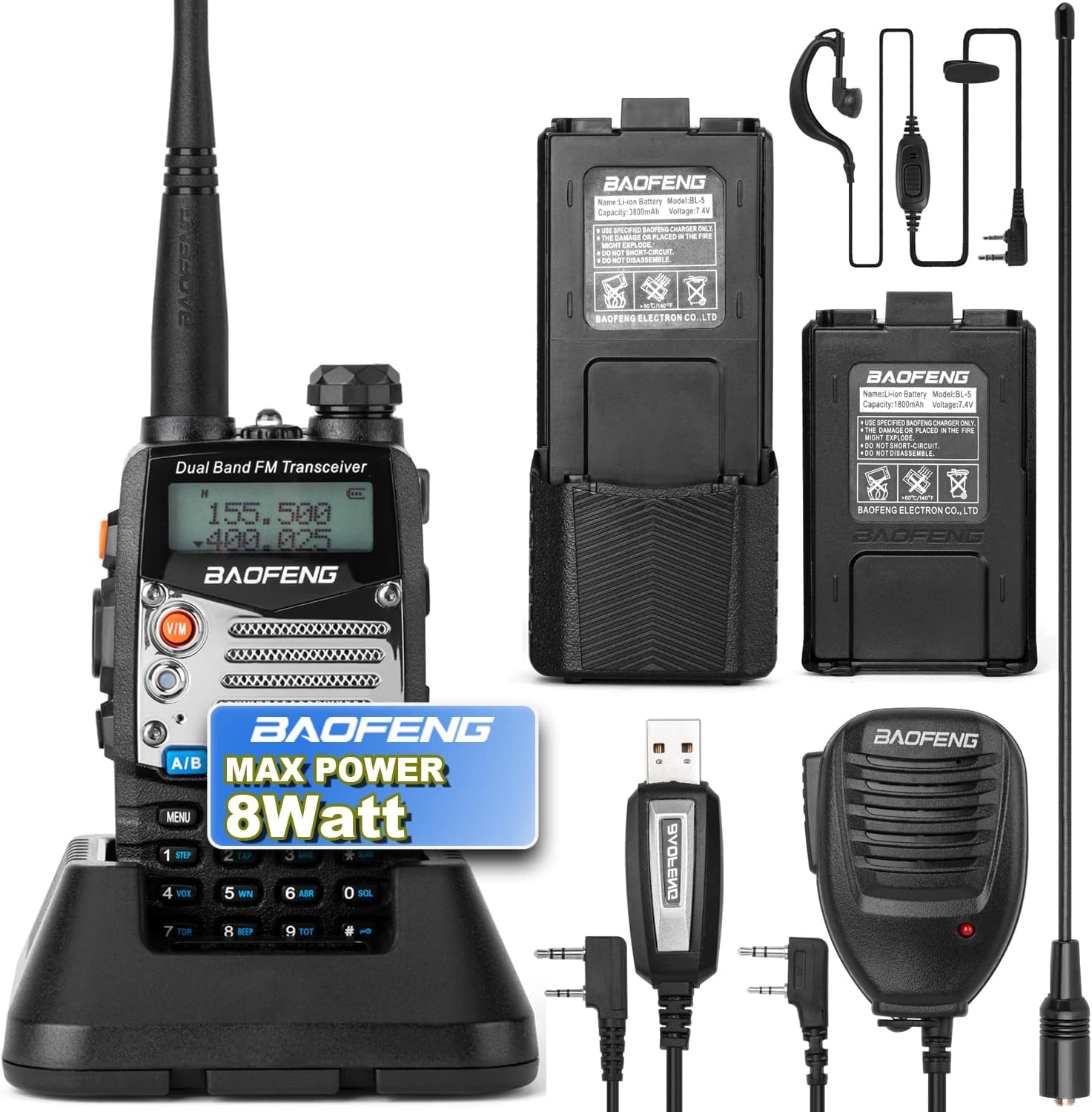 BaoFeng UV-5R 8W Ham Radio Walkie Talkie Dual Band 2-Way Radio with an Extra 3800mAh Battery Handheld Walkie Talkies with Baofeng Hand Mic and Programming Cable : Electronics