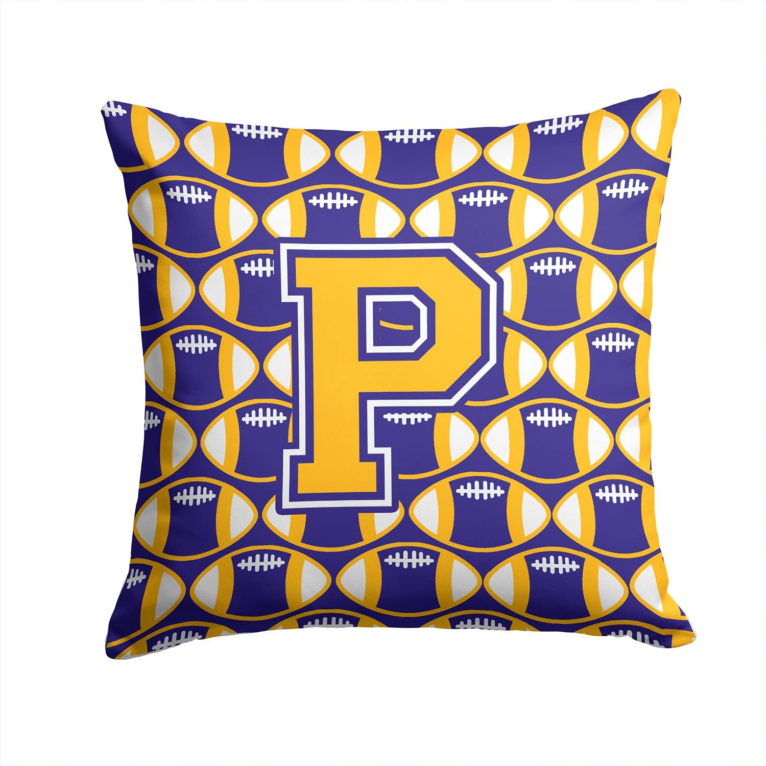 Caroline's Treasures CJ1064-PPW1414 Letter P Football Purple and Gold Fabric Decorative Pillow Machine Washable, Indoor Outdoor Decorative Pillow for Couch, Bed or Patio, 14Hx14W