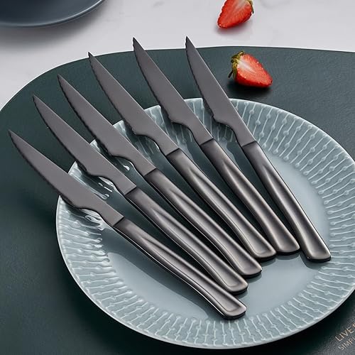 Miniatura 4 de Juego de cuchillos de carne negros, juego de 6 cuchillos de cocina de acero inoxidable y cuchillos de cocina, cuchillos dentados de 8.7 pulgadas,