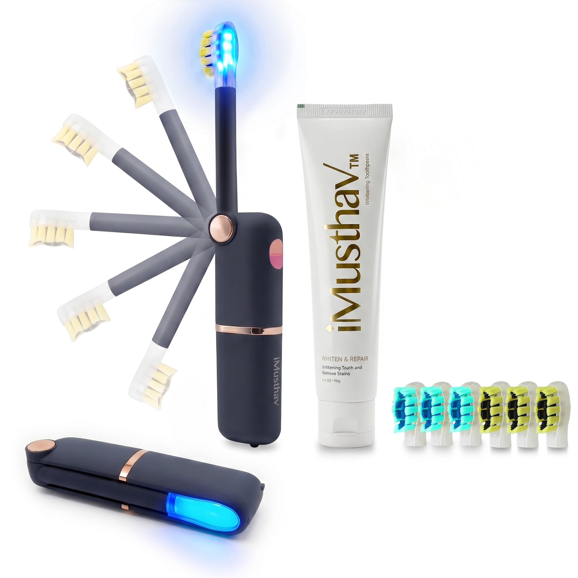 Foldable Travel Sonic Electric Toothbrush with UV Cleaning Feature | Whitening Feature | Electric Toothbrush for Adults | Travel Toothbrushes | 6 Replacement Heads, 3 Sonic Modes & Smart Timer. AAA Battery – No Cable. Foldable & Lightweight for Travel (Black)-image-3