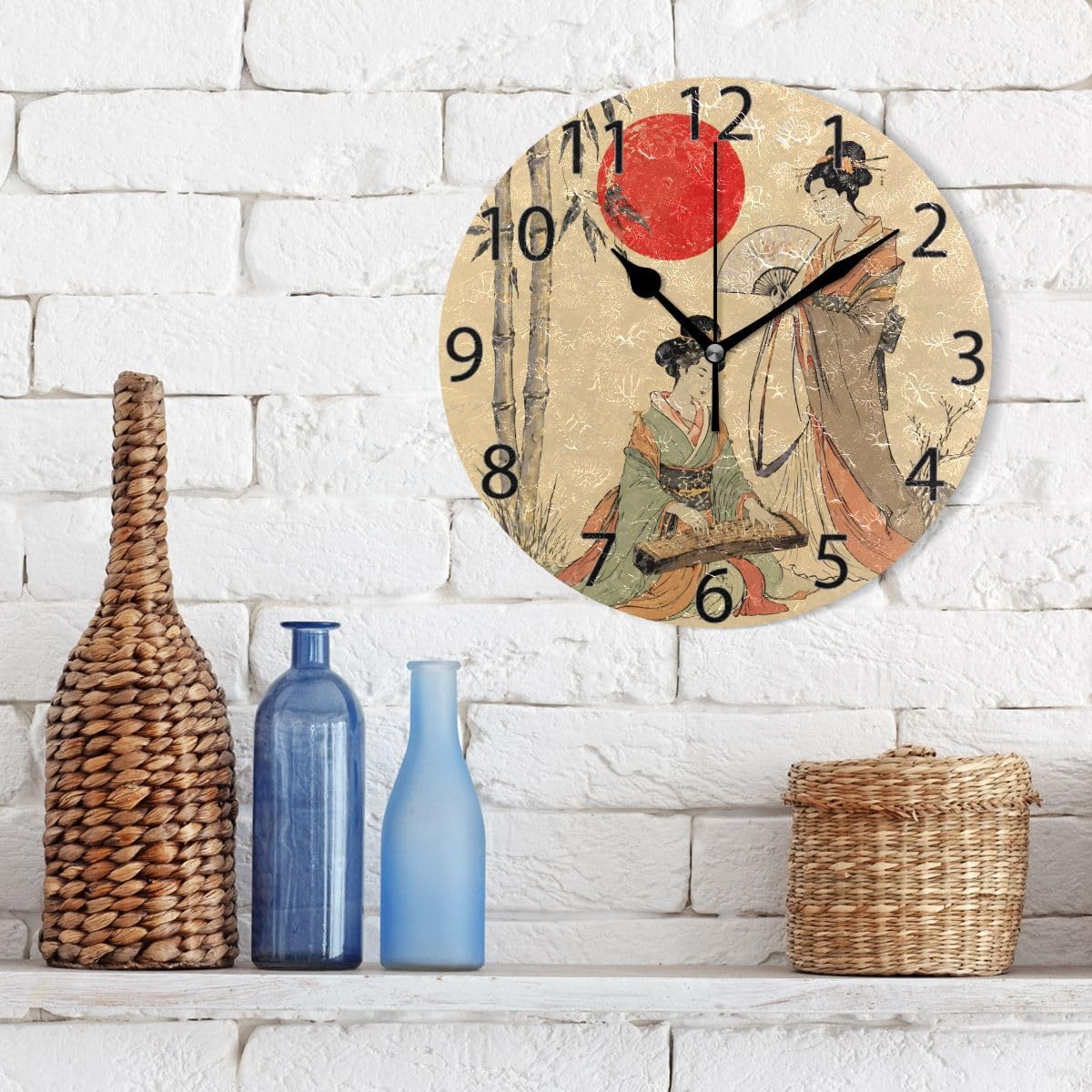 ALAZA - Orologio da parete rotondo con geisha giapponese, silenzioso, senza ticchettio, per casa, ufficio, scuola, orologio decorativo
