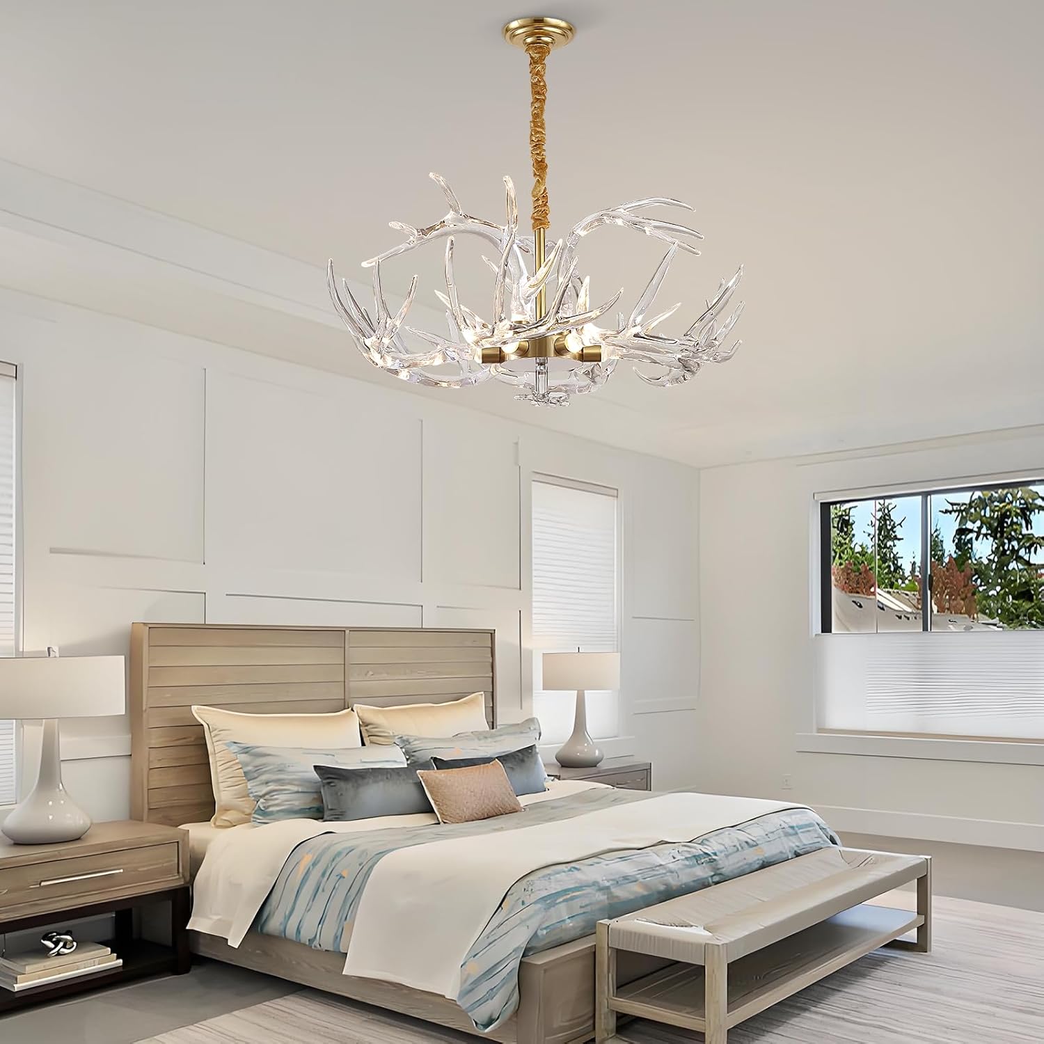 Acrylic Antler Chandelier Ceiling Light Fixtures, Clear Deer Chandelier Lighting, Dimmable Deer Horn Pendant Light Curved Antler & Gold 29.9" Single Tier 9 Lights