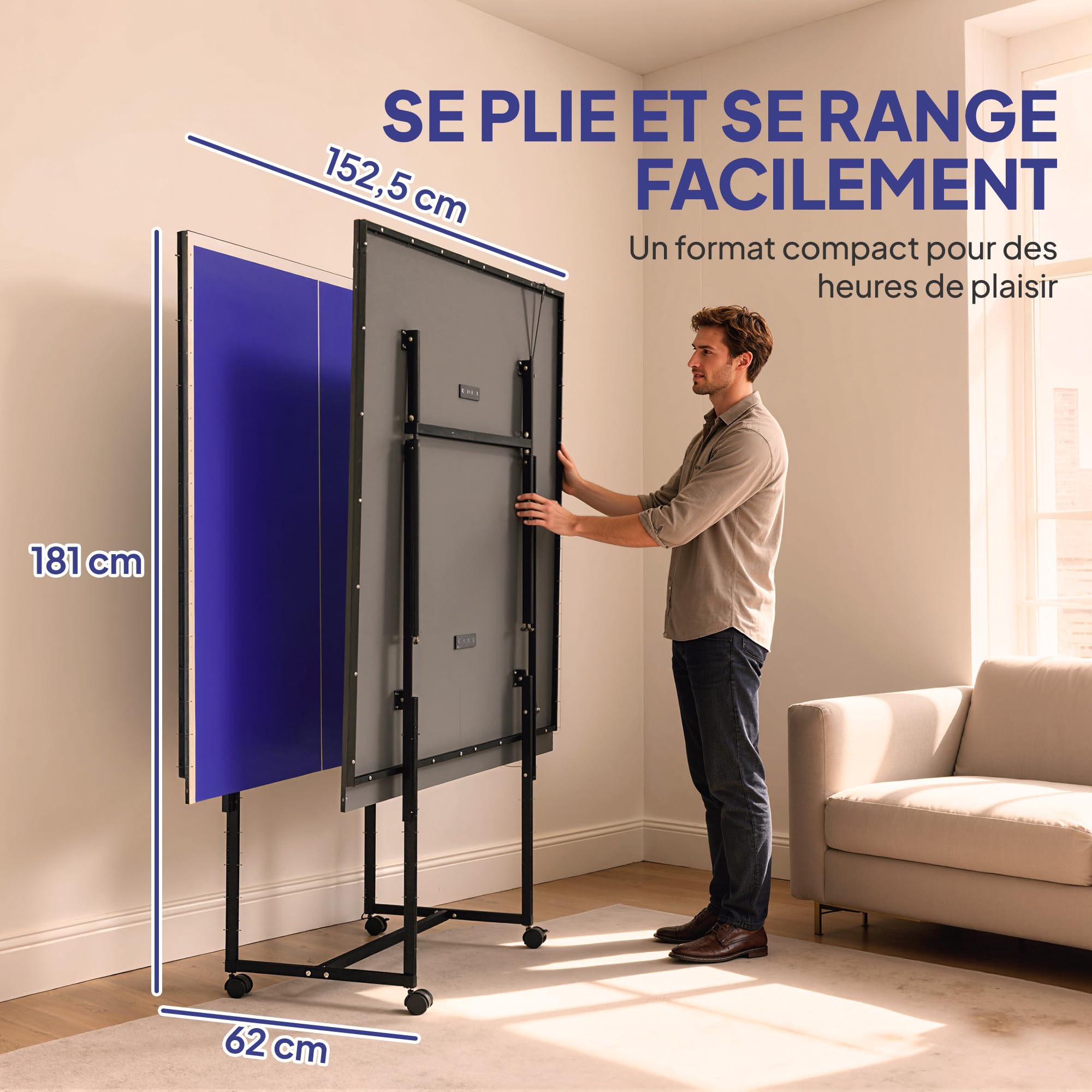 SPORTNOW Table de Tennis de Table, Table de ping-Pong Pliable, compacte, avec 4 roulettes, pour intérieur, 274 x 152,5 x 75,5 cm, Bleu