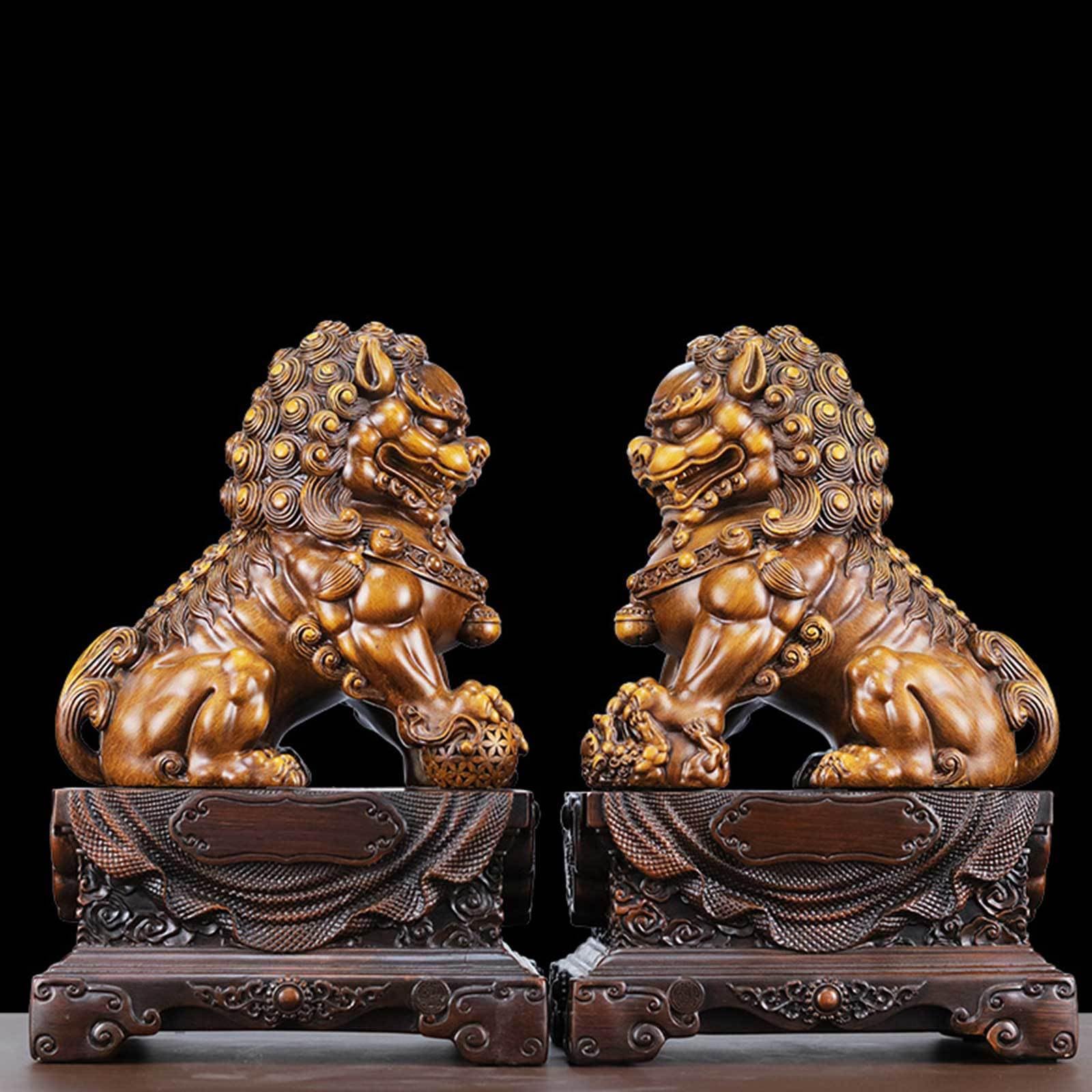 Statue Lion Doré Feng Shui - Sculpture Polyrésine Chance & Puissance - Figurine Décorative 19,5 × 6 × 13 Cm