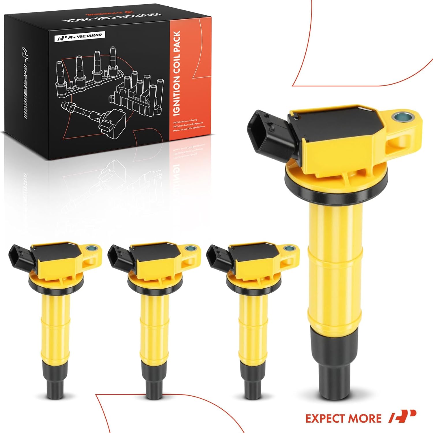 A-Premium Yellow Engine Ignition Coil Pack Compatible with Toyota Camry 2002-2011, RAV4 2001-2008, Corolla 2009-2010, Highlander, Matrix, Solara & Scion tC, xB & Lexus HS250h & Pontiac Vibe, 4-PC Set