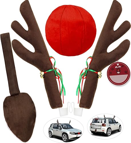 Cuernos de reno para automóvil con nariz y cola rojas, reno de Navidad para adornos de automóvil, kit de cuernos de rodolfo de Navidad prémium para
