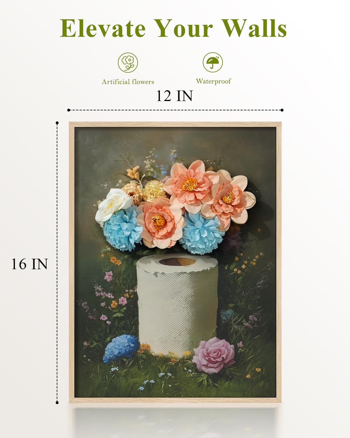 Hand-Applied 3D Floral Design Funny Toilet Paper Flowers Wall Art, Vintage 12x16 Inch Framed Canvas Painting with Faux Silk Blossoms, Realistic Dimensional Decor Bathroom Home Farmhouse