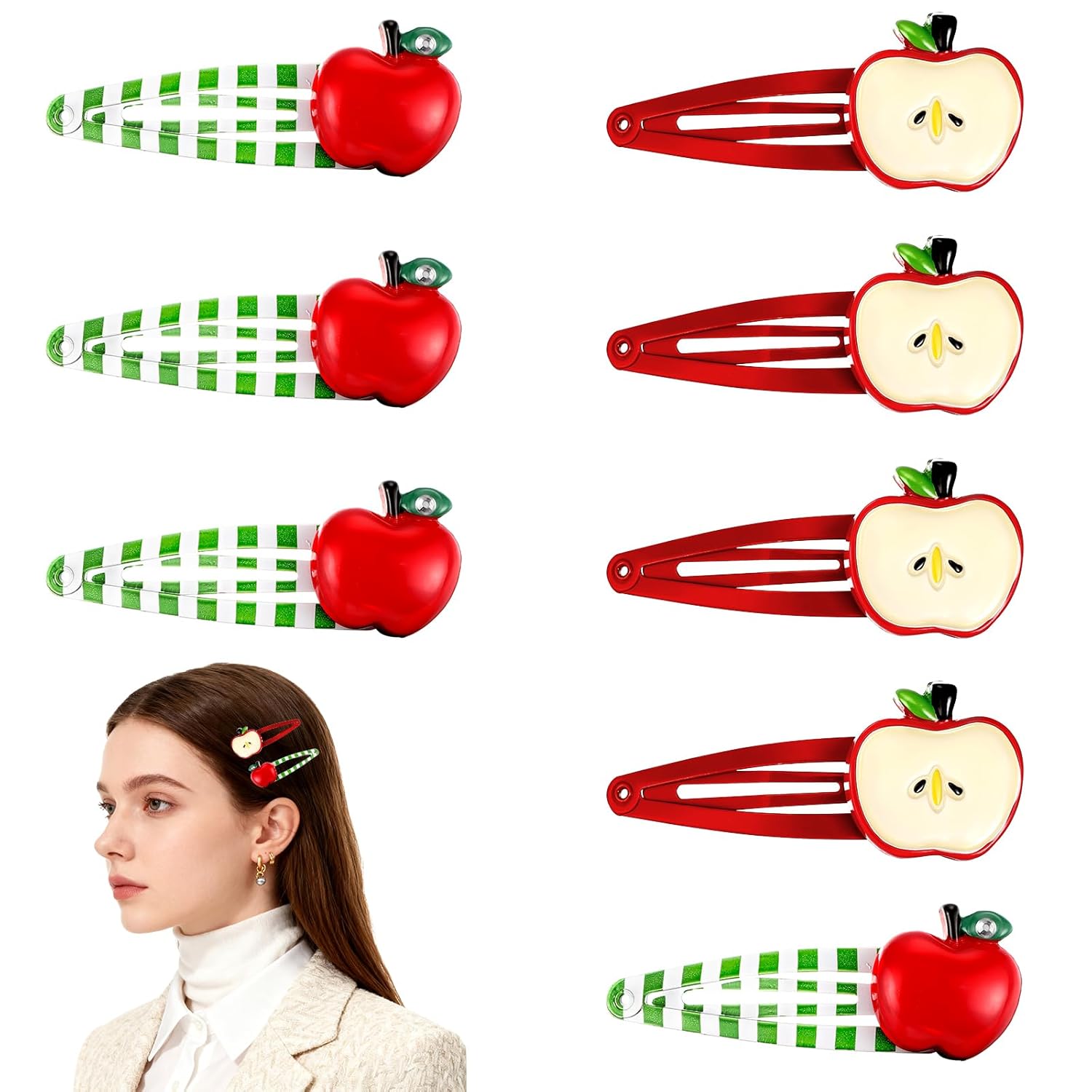8Pcs Apple Hair Clips, Cute Fruit Hair Barrettes Kawaii Decorative Hair Accessories for Women Girls (Red and Green)