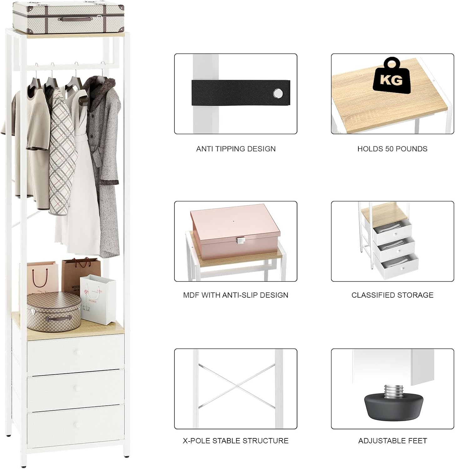 YMYNY Garment Rack, Clothes Rack with Drawers, Freestanding Tall Closet Organizer with 3 Fabric Drawers, Clothes Stand for Hanging Shirts, Coat,15.35" L×11.41" W×70.47" H Wood Color&White UHGR001R