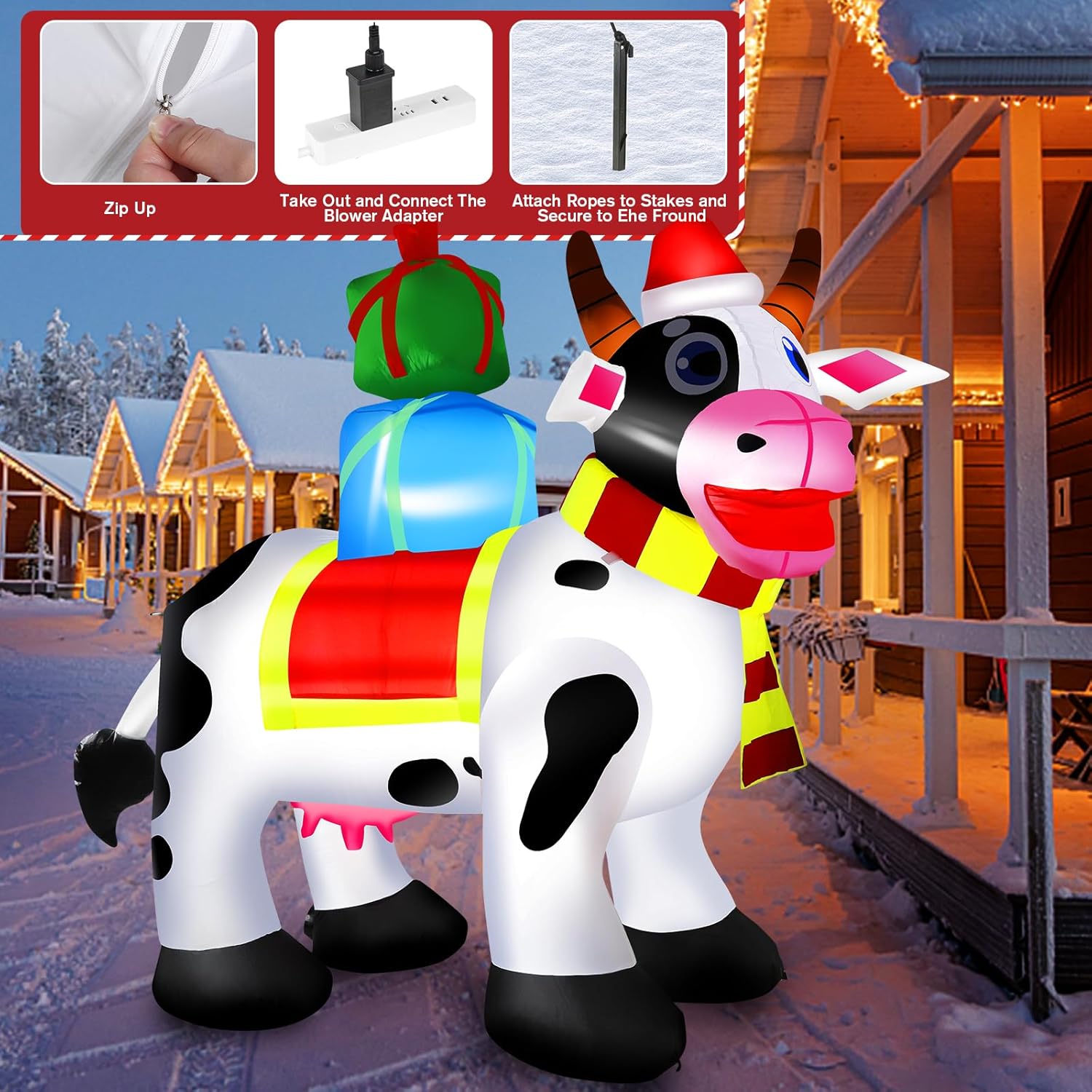 6 FT Outdoor Milk Cow Christmas Inflatables Decorations with Built-in LED Lights, Blow Up for Yard, Roof, Lawn - Image 5