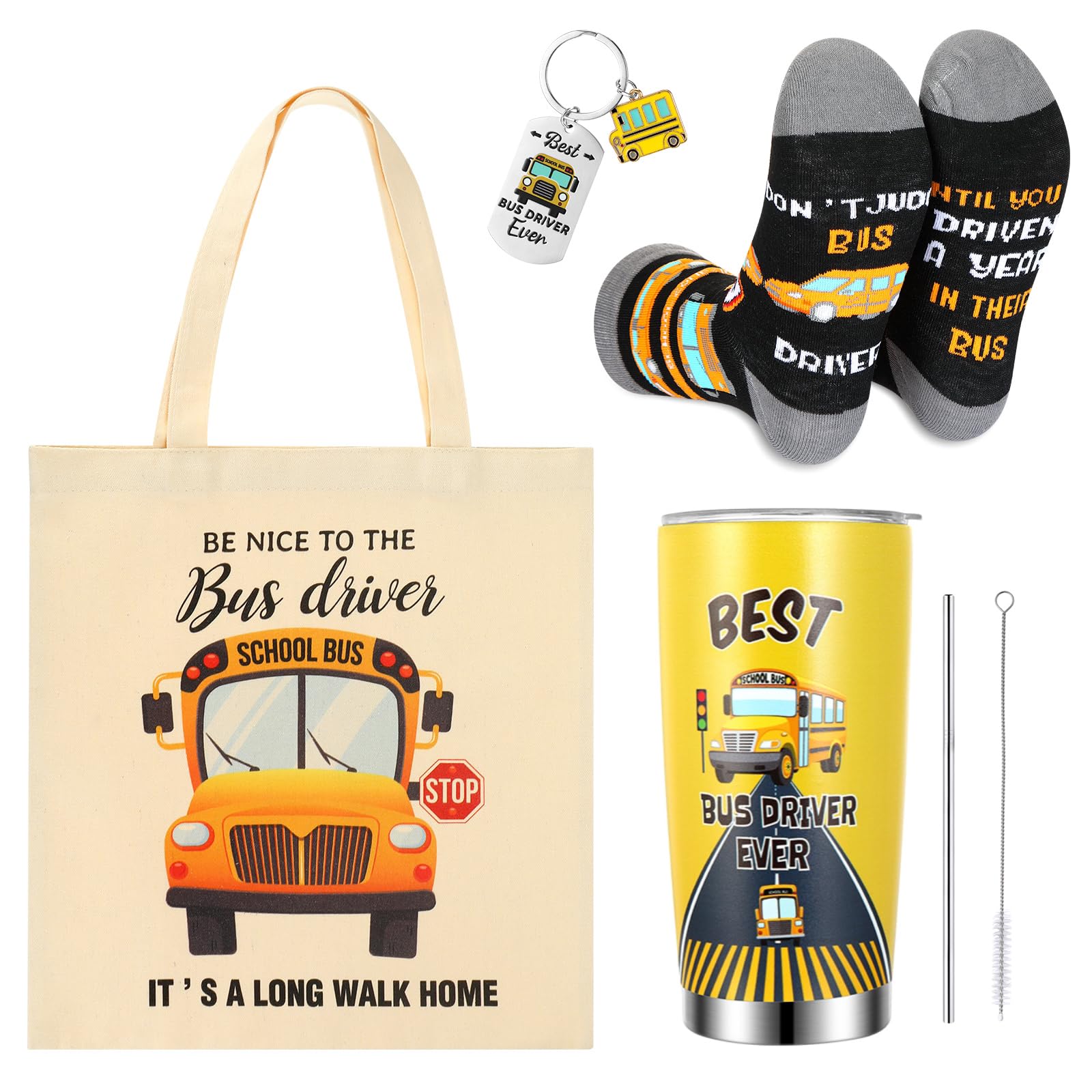 4 Pcs School Bus Driver Gifts Appreciation Gifts for Women Men 12 oz Stainless Steel Bus Driver Tumbler and Lids Funny Canvas Bag Keychain Socks(Black Gray,Normal Tumbler)