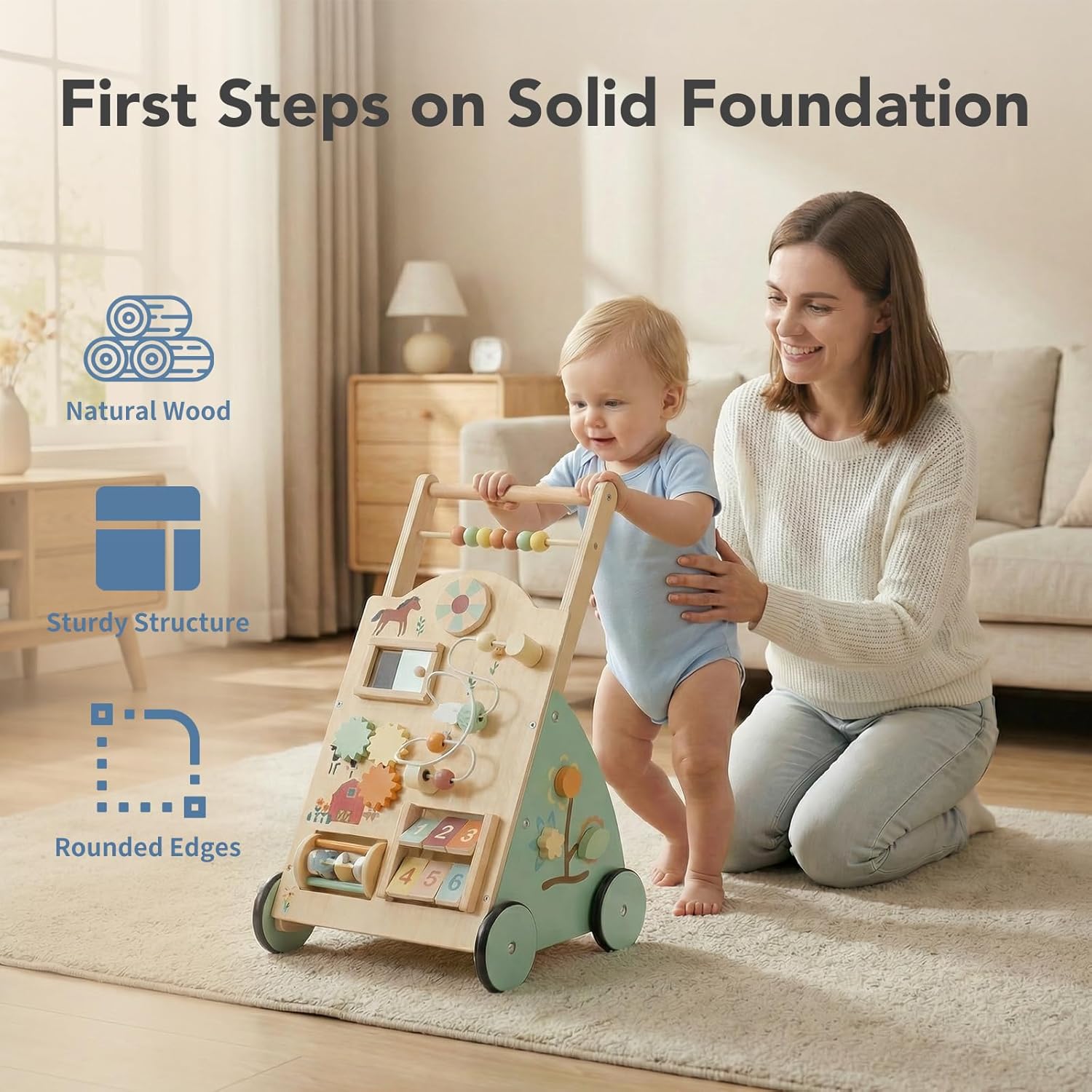 NEWBULIG Wooden Baby Walker for First Steps, Adjustable Speed Push Walker with Montessori Activity Center, Silent Wheels Baby Walking Toys