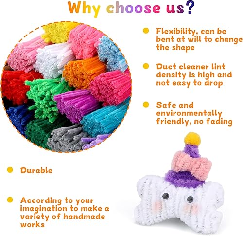 Miniatura 5 de Tikjiua Paquete de 1800 limpiadores de pipas para manualidades, vibrantes 18 colores surtidos con ojos meneantes, pompones para manualidades,