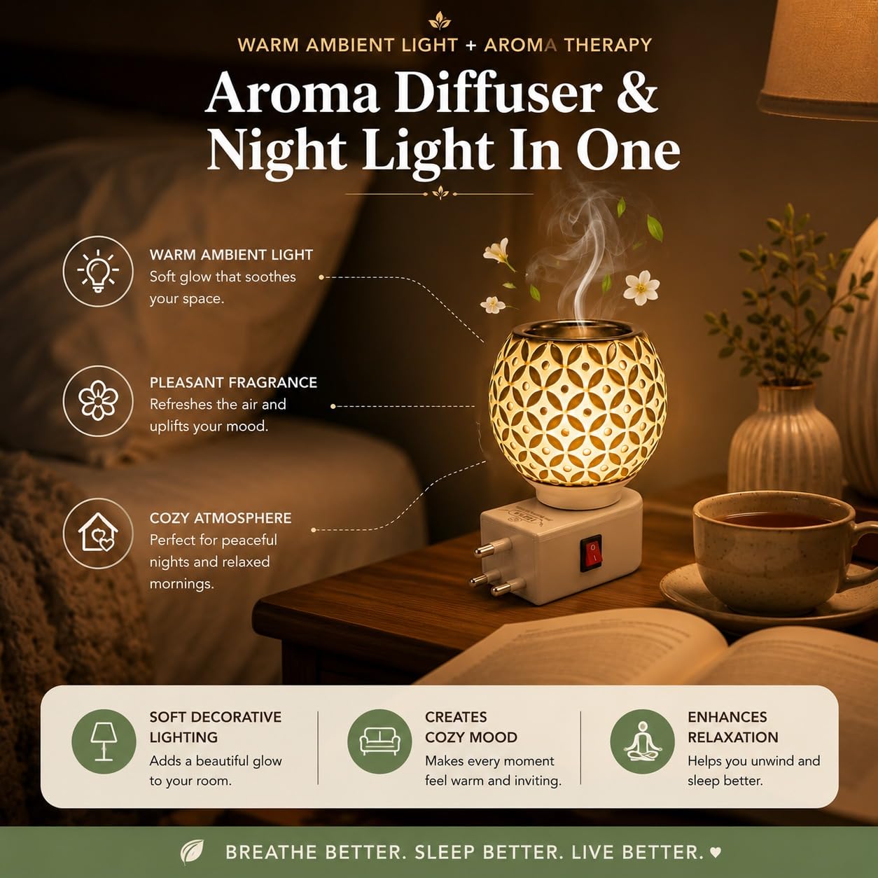 Revwd Kapoor Dani Electrical Camphor Diffuser Glass with On/Off Switch to Toggle Between Burner and Lamp Electrical Night Lamp for Office, Home (Yellow Kapurdani) 2