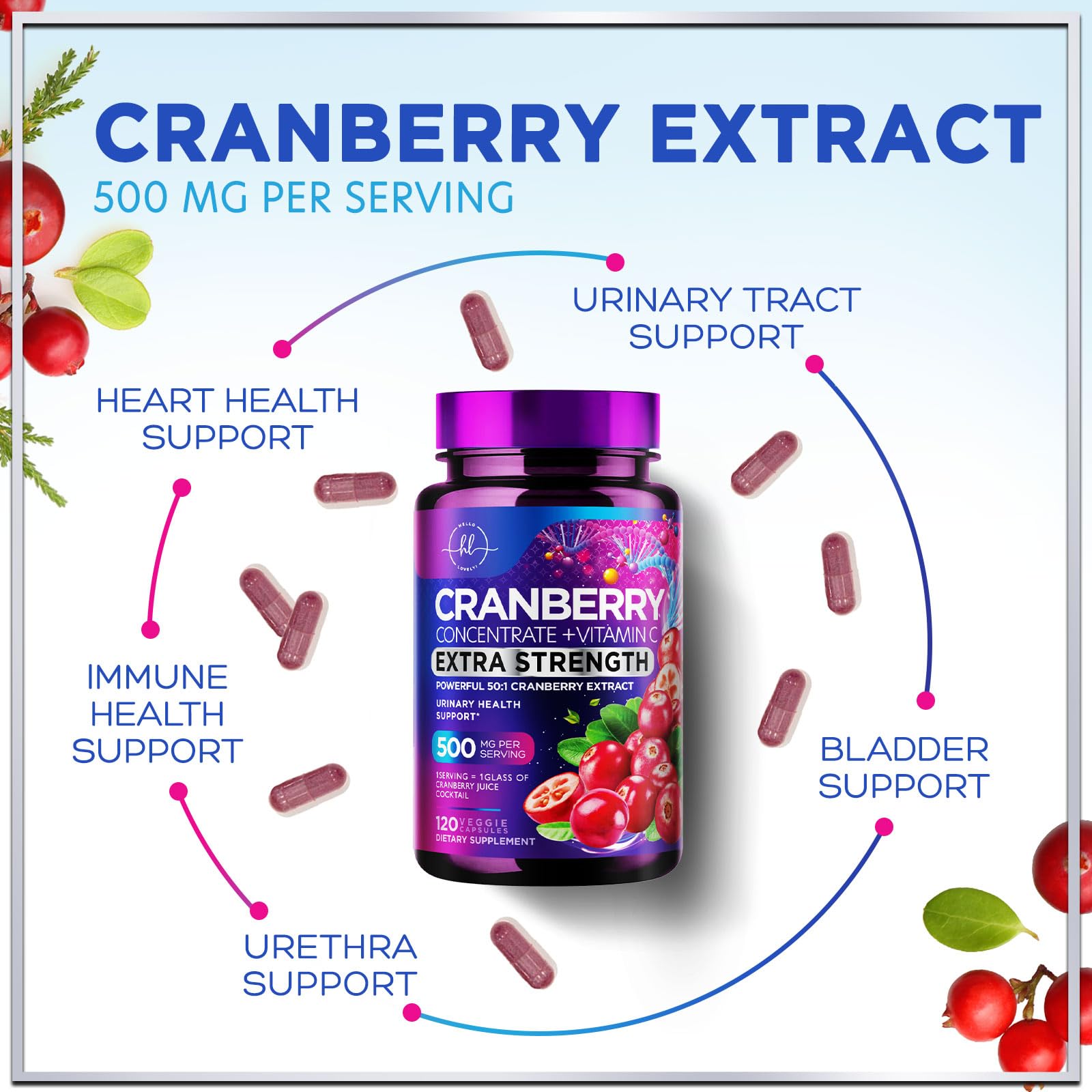 Cranberry Extract 500mg Supplement Pills - 3X Strength Concentrated Natural Whole Fruit Cranberry with Vitamin C, Triple Strength for Cleanse & Urinary Tract Health Support, Gluten Free - 120 Capsules — Amazon image 5