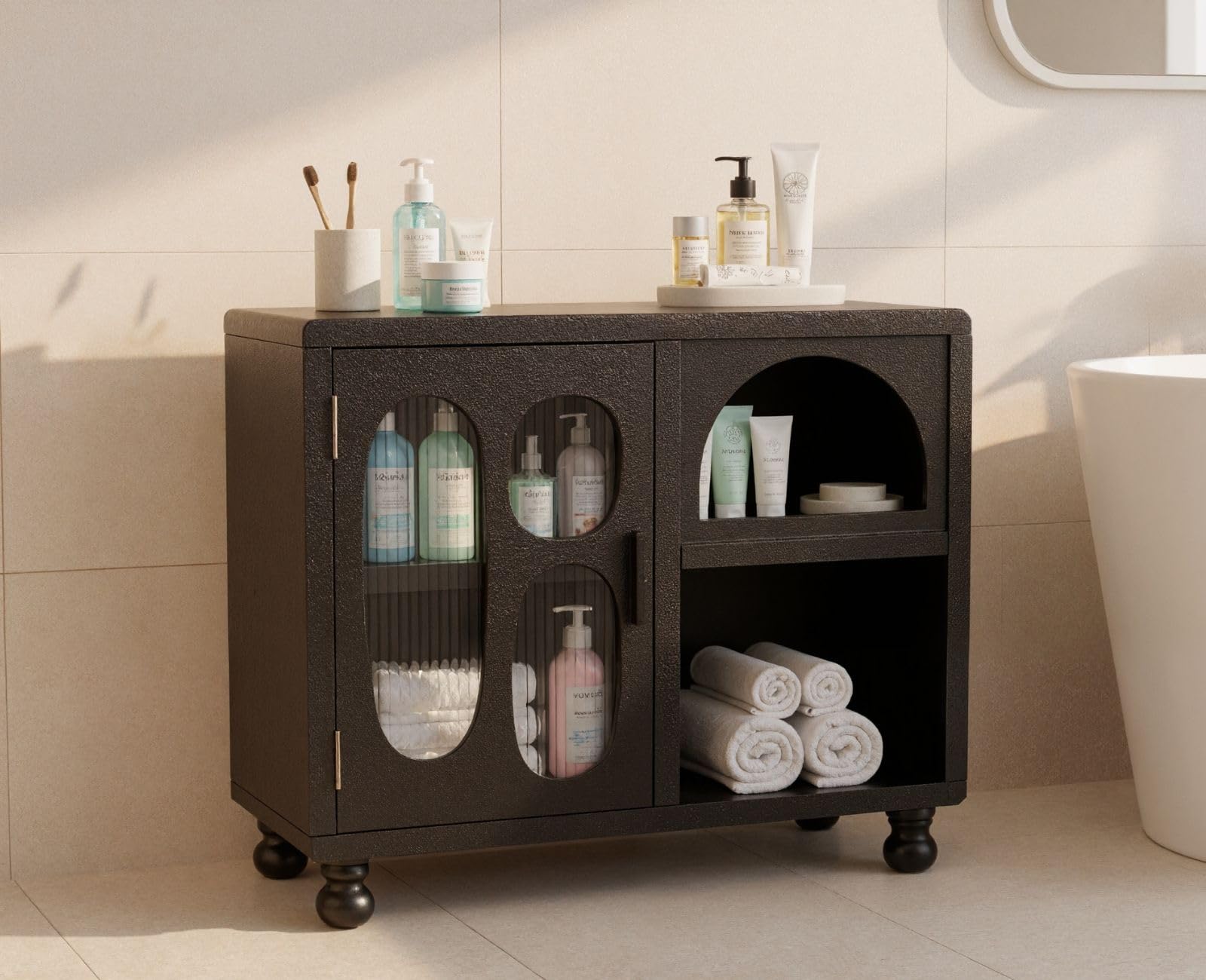Ya-Home Armario Bajo de Almacenamiento Interior y Exterior 35X80X68cm, Aparador de Madera con 1 Puertas y 3 Comparticiónes Salon/Cocina/Dormitorio,Negro