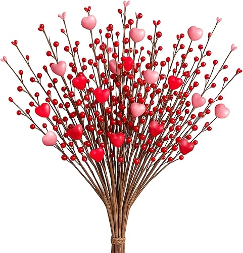 Regalos para el día de San Valentín, paquete de 6 selecciones del día de San Valentín, tallos de bayas con corazones rosados para decoración,