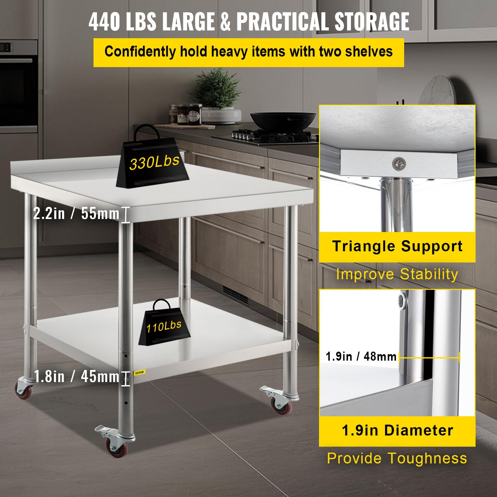 VEVOR Mesa de preparación de Acero Inoxidable, 30 x 24 x 35 Pulgadas, Capacidad de Carga de 440 Libras, Mesa de Trabajo de Metal Resistente con Estante Inferior Ajustable y 4 Ruedas, estación de