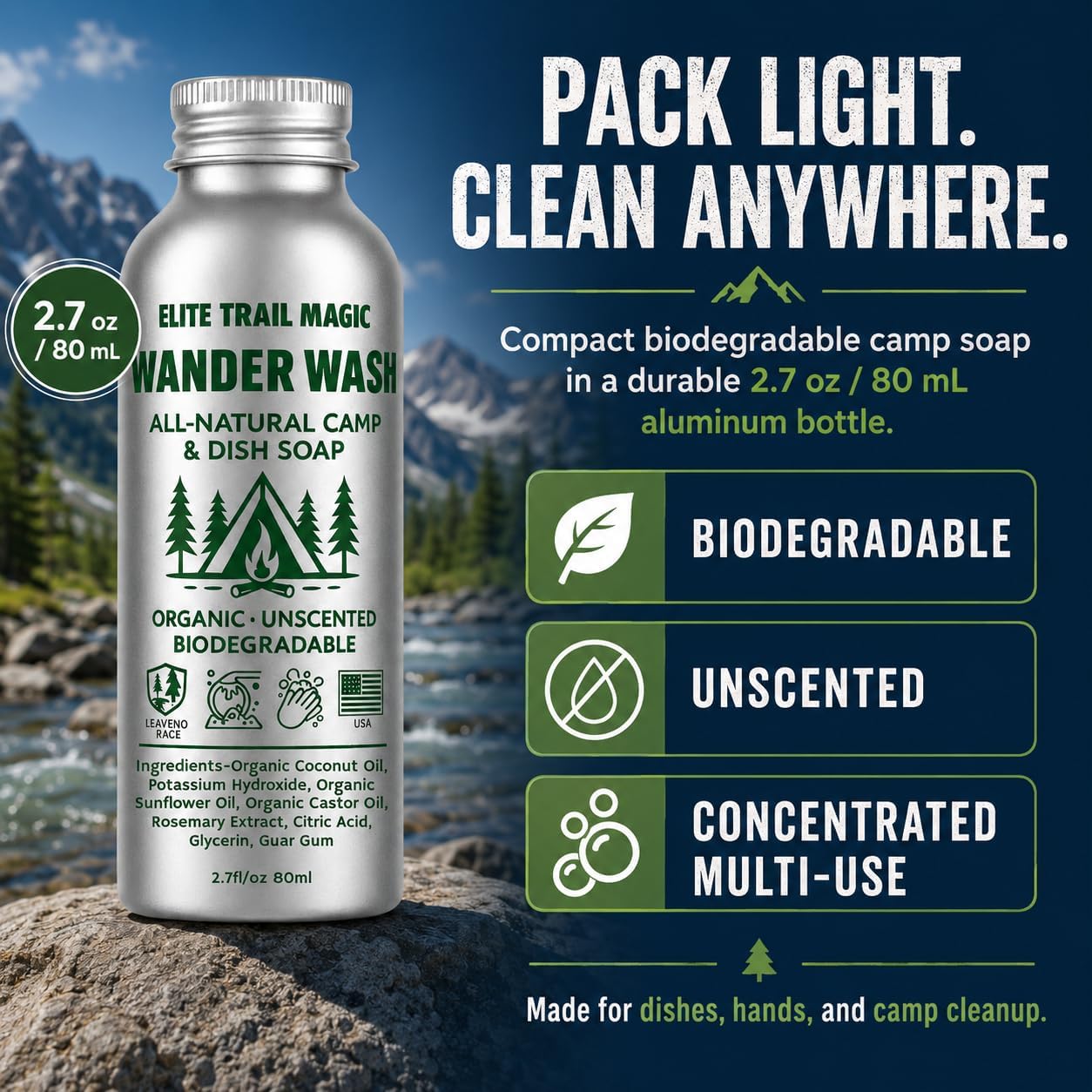 Elite Trail Magic- Wander Wash All-Natural Camp & Dish Soap, 2.7 oz / 80 mL Aluminum Bottle – Biodegradable Unscented Outdoor Soap for Camp Kitchens, Vanlife, RVs, Cabins, Hands, Cookware & Gear