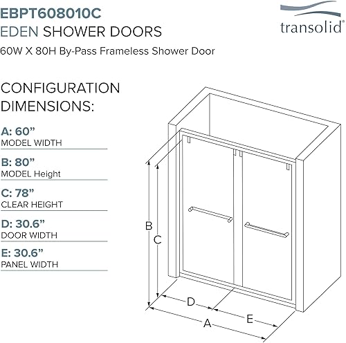 Miniatura 4 de Transolid EBPT608010C-J-MB Eden - Puerta de ducha doble corredera sin marco de 56-60 pulgadas de ancho x 80 pulgadas de alto, con tecnología