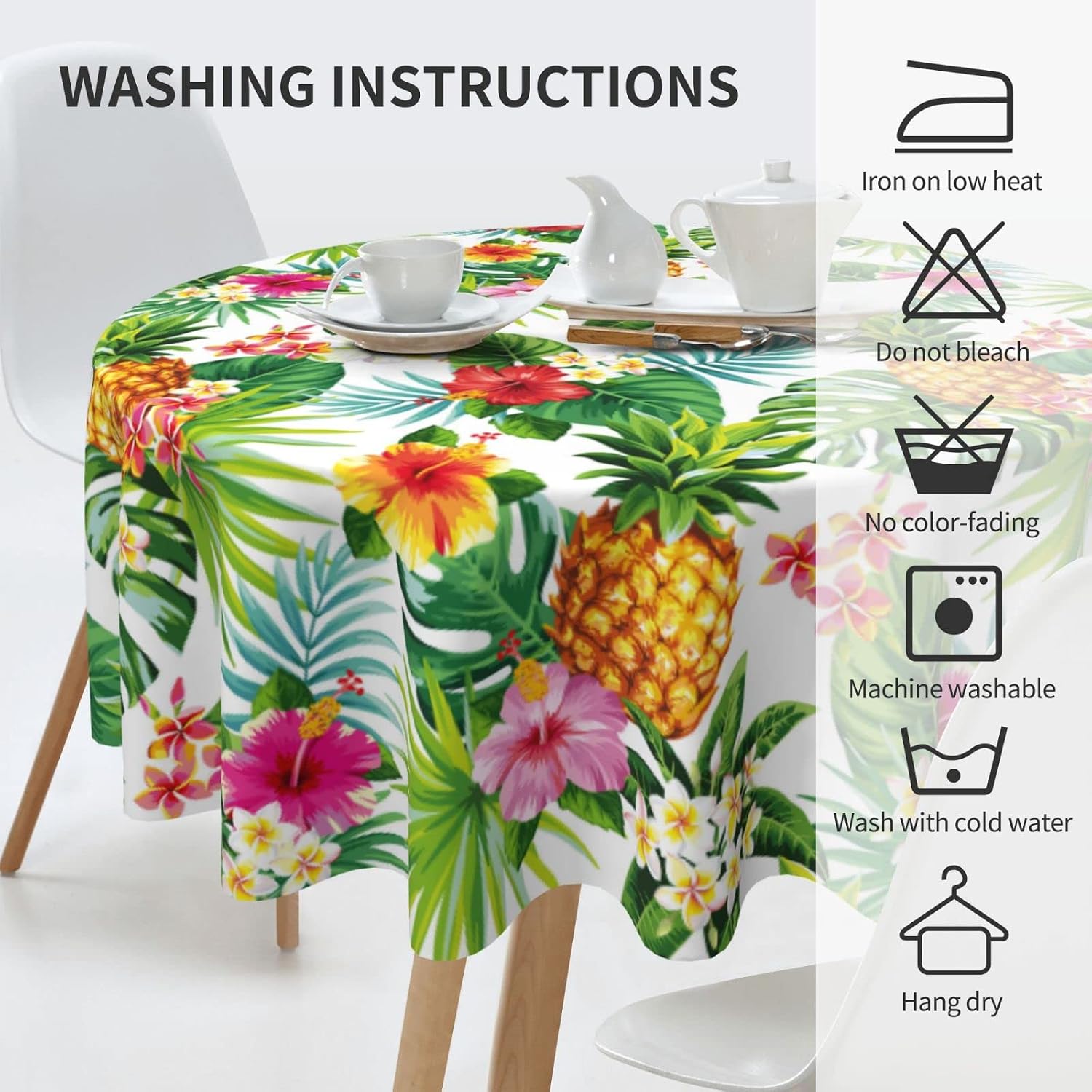 Hawaiian Tropical Flower Round Tablecloth Washable Reusable Decoration Table Cover for Kitchen Party 60 Inch