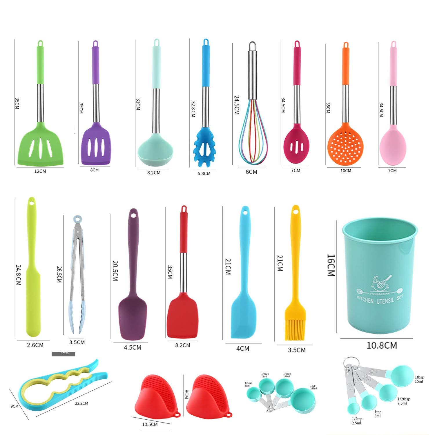 Utensilios de Cocina de Silicona Juego de Utensilios de Cocina - 446 ° F Mangos de Madera Resistentes al Calor Utensilios de Cocina Grises Juego de Utensilios de Cocina Antiadherente (Colorido-19pcs)