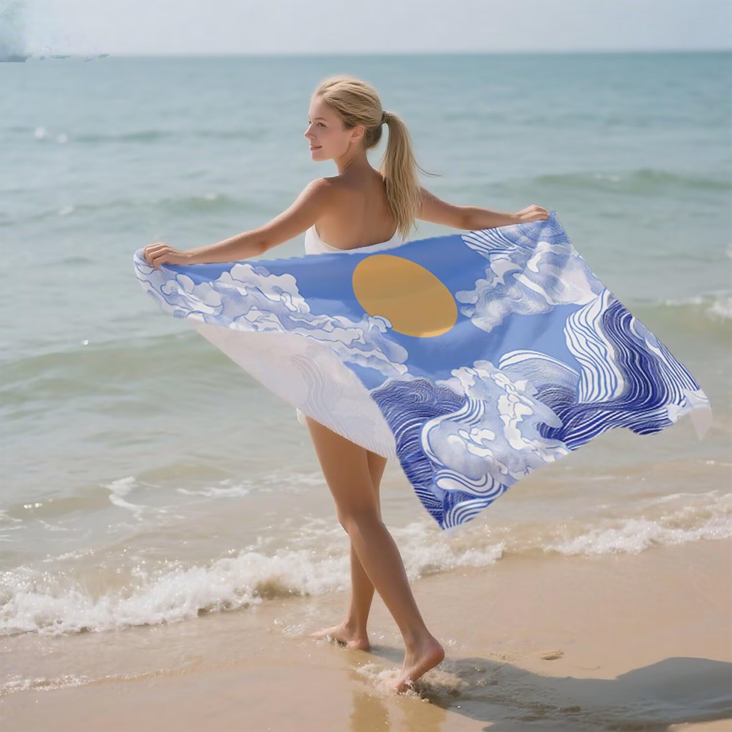 Toalla Playa Grande 150x200 Toalla Playa Microfibra, Ligera Secado Rápido, Sin Arena Portátil Toallas para Viajes, Hombre, Mujer Toallas, para Natación, Camping, Gimnasio (Azul Ondas) p-532