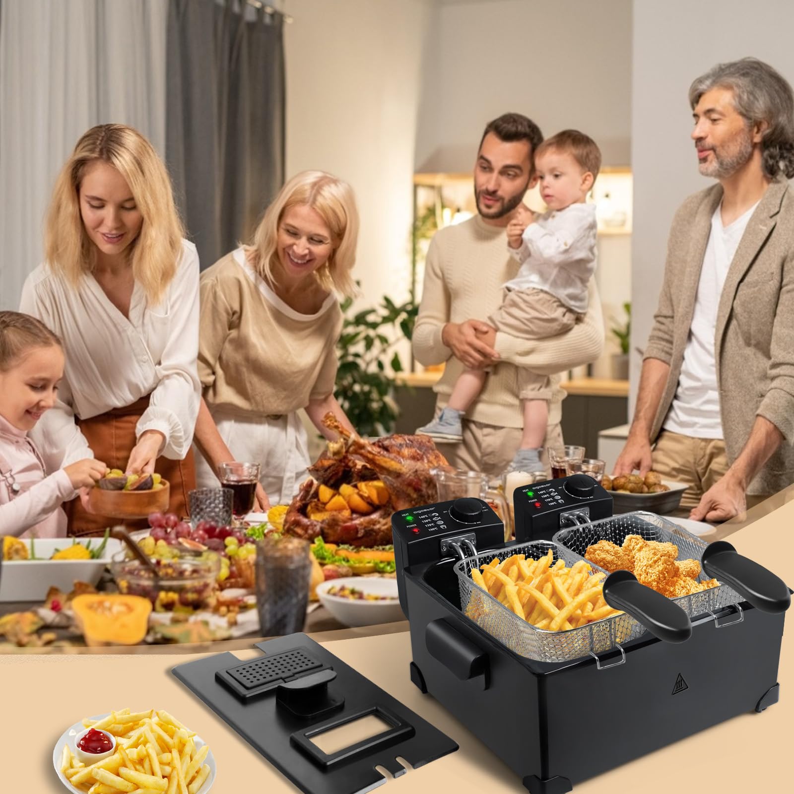Aigostar Feast - Freidora 6L (2x3L) Acero Inoxidable, 3600W, Termostato Ajustable (90-190°C), Tapas con Ventana, Filtro de Humo, Asas Desmontables, Automático, Esmaltado, Libre de BPA